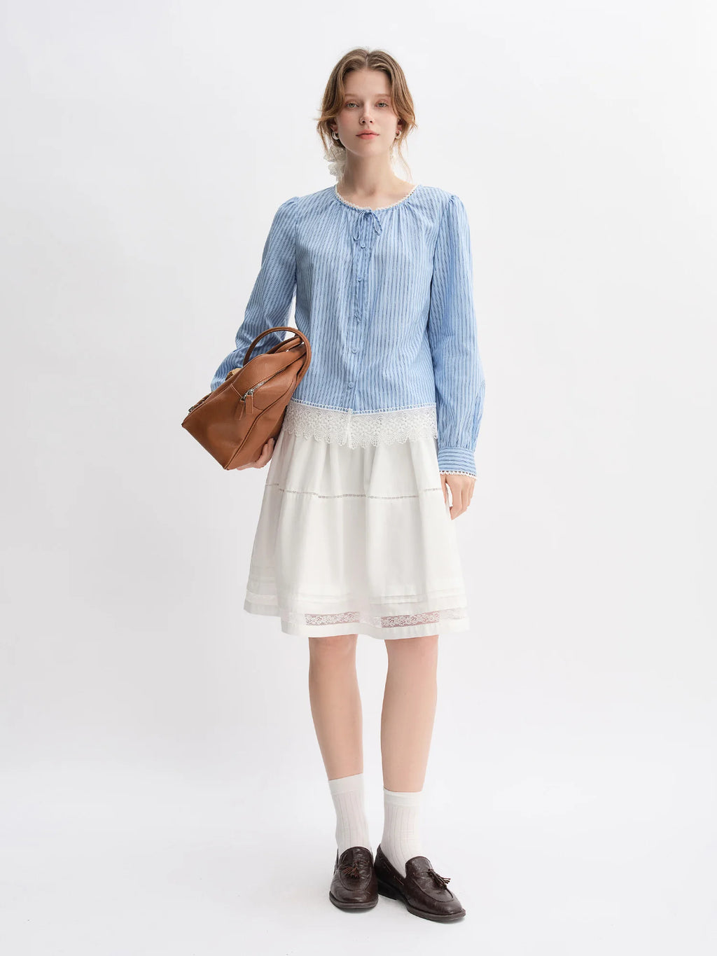 DUSHU Plus-Size Women's Sweet Ballet-Inspired Multi-Layered Gathered Lace Hem Skirt - 2025 Autumn New Arrival 25DS83272