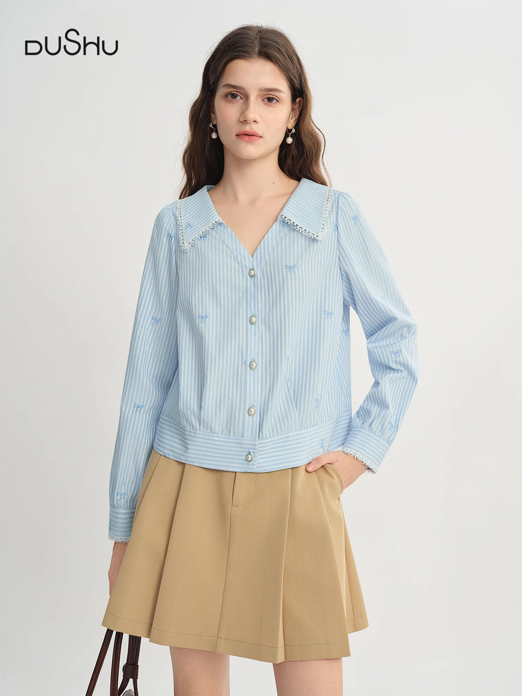 DUSHU Plus Size Women's Lace Trim V-Neckline Striped Shirt Fall 2025 New Arrival Fashion Commuting Top Women Shirts