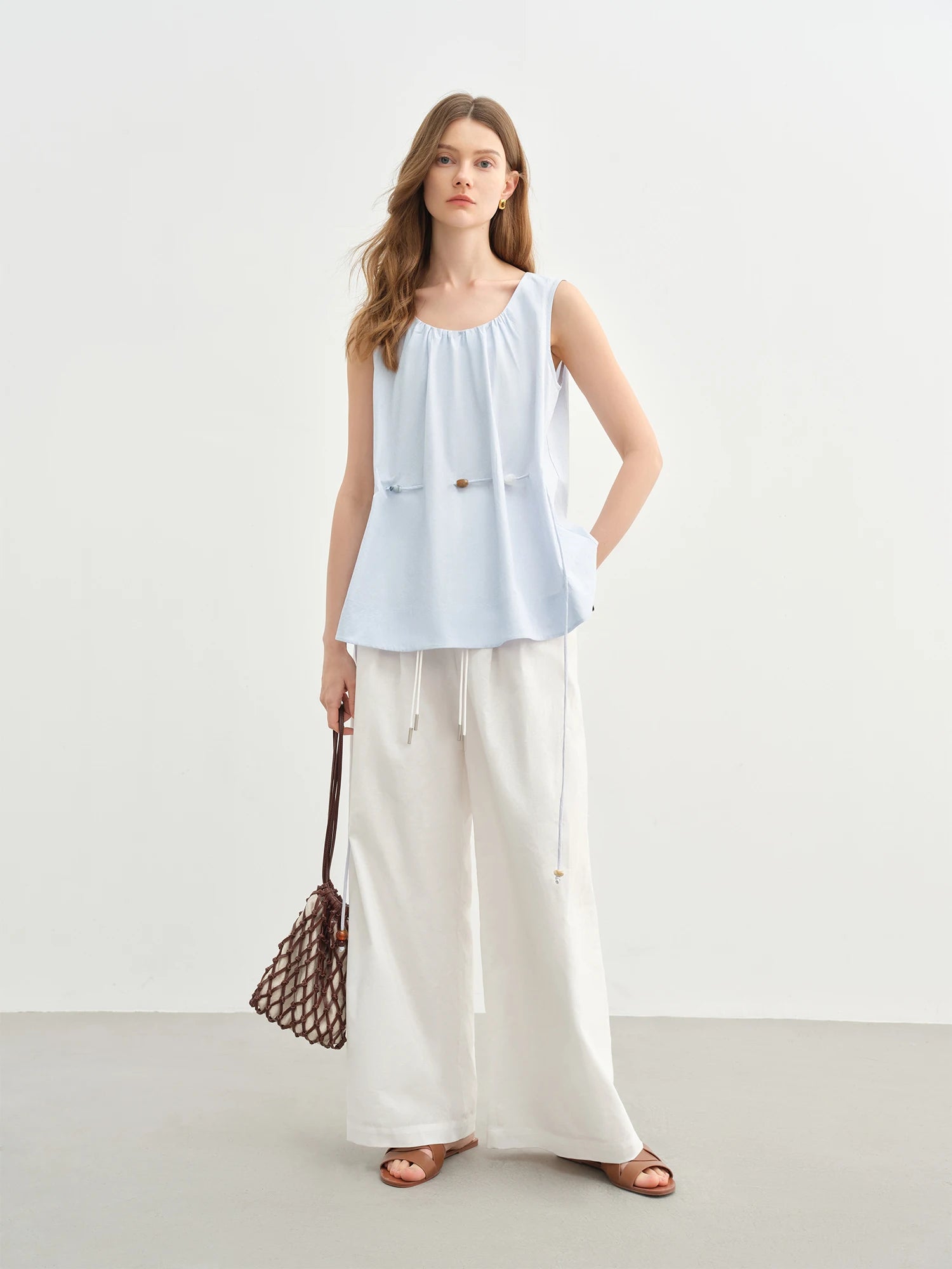 DUSHU Women's Holiday Wave Beaded Sleeveless Blue Shirt Pure Cotton Breathable Shirt Temperament Women's Top 25DS82727