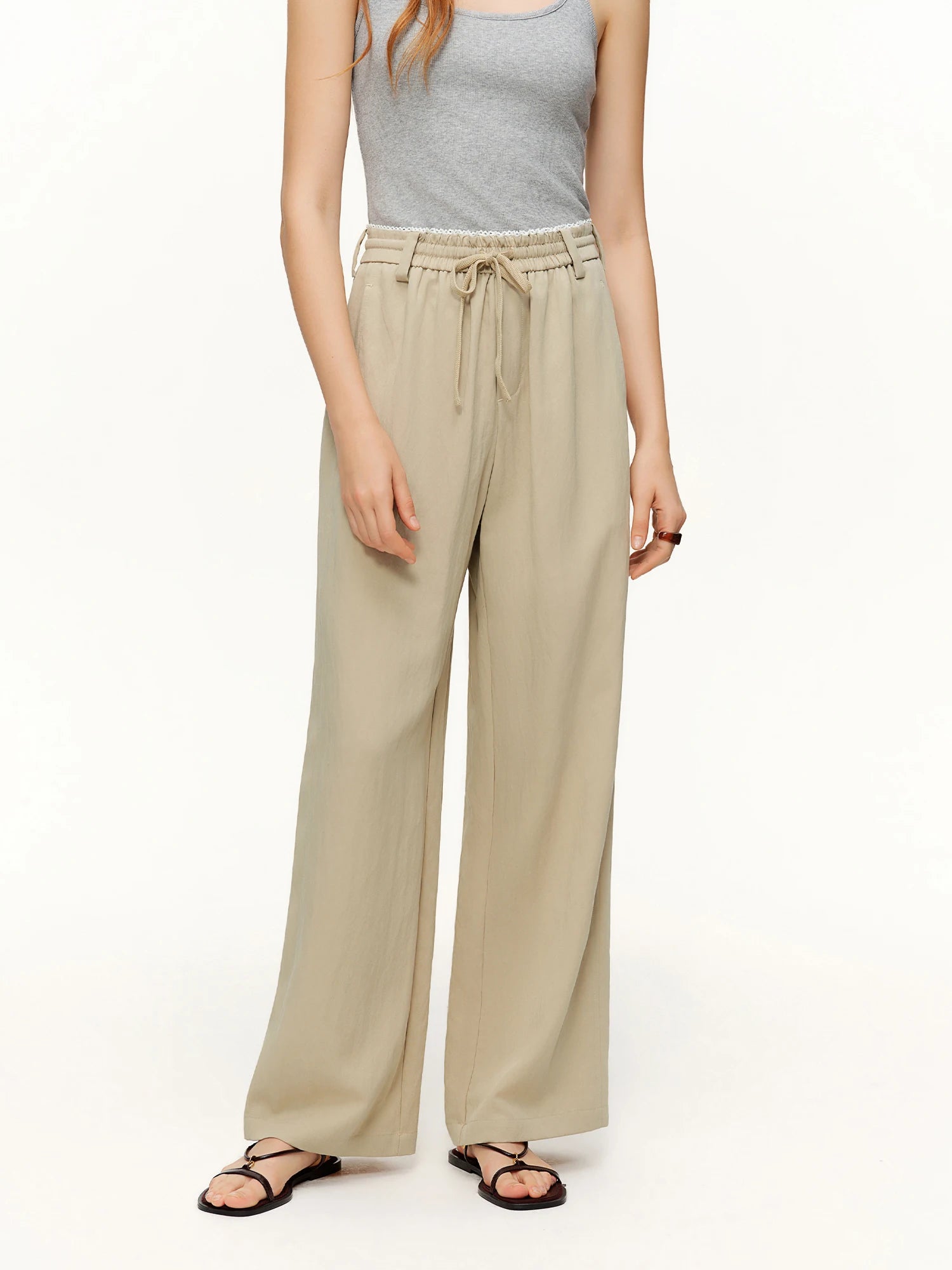 DUSHU 2026 Spring Women's Elastic Waist Drawstring Straight Leg Pants - Flowy Draping Comfortable Relaxed Fit Casual Trousers