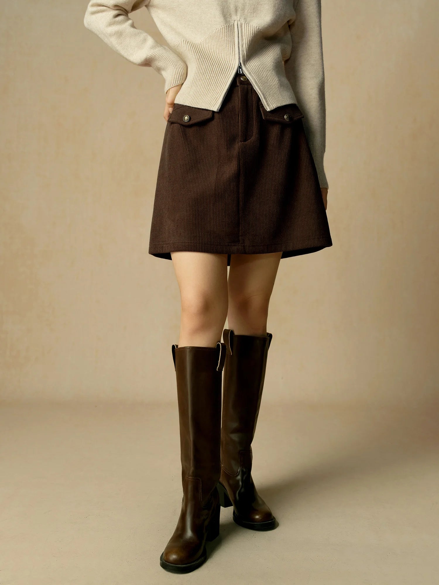 DUSHU【2 Length】Women Winter Corduroy Long Skirt Thicken Lining Fleece Female Brown Mini Skirts Women Skirt 24DS84373+24DS84273