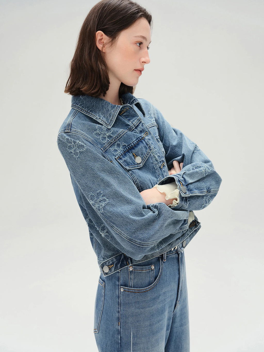 DUSHU Plus-Size【Denim Party】 Fringed Flower Denim Jacket with Suspenders Skirt 2025 Fall Denim Outfit 25DS83159+25DS83123