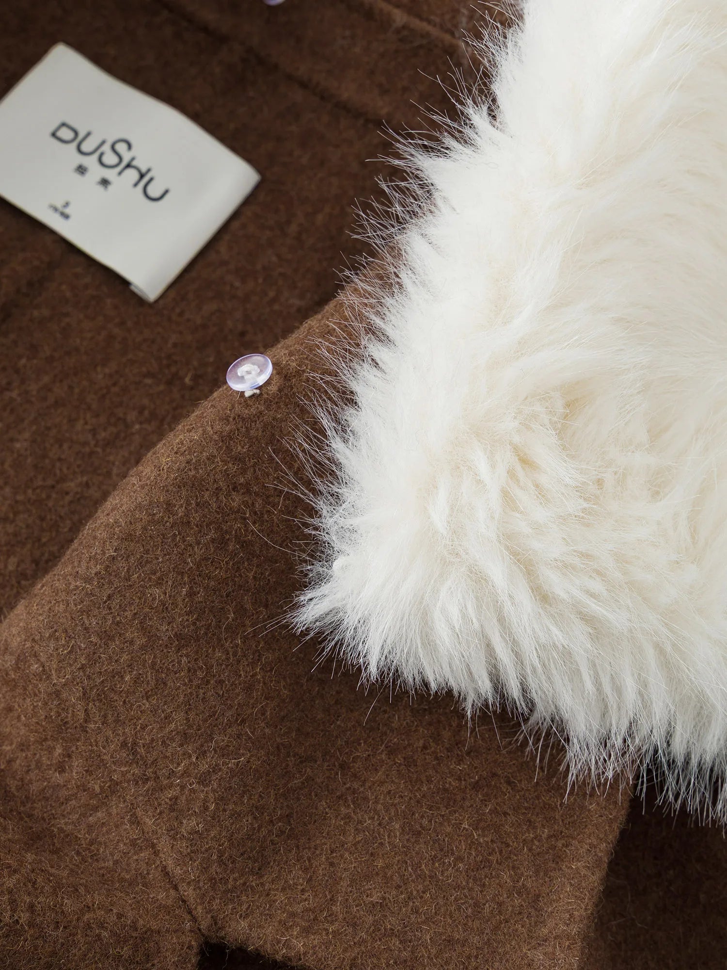 DUSHU Plus Size 2025 Women Detachable Faux Fur Collar Wool Coat Maillard Brown Overcoat Winter Warm Trench Vintage Outerwear