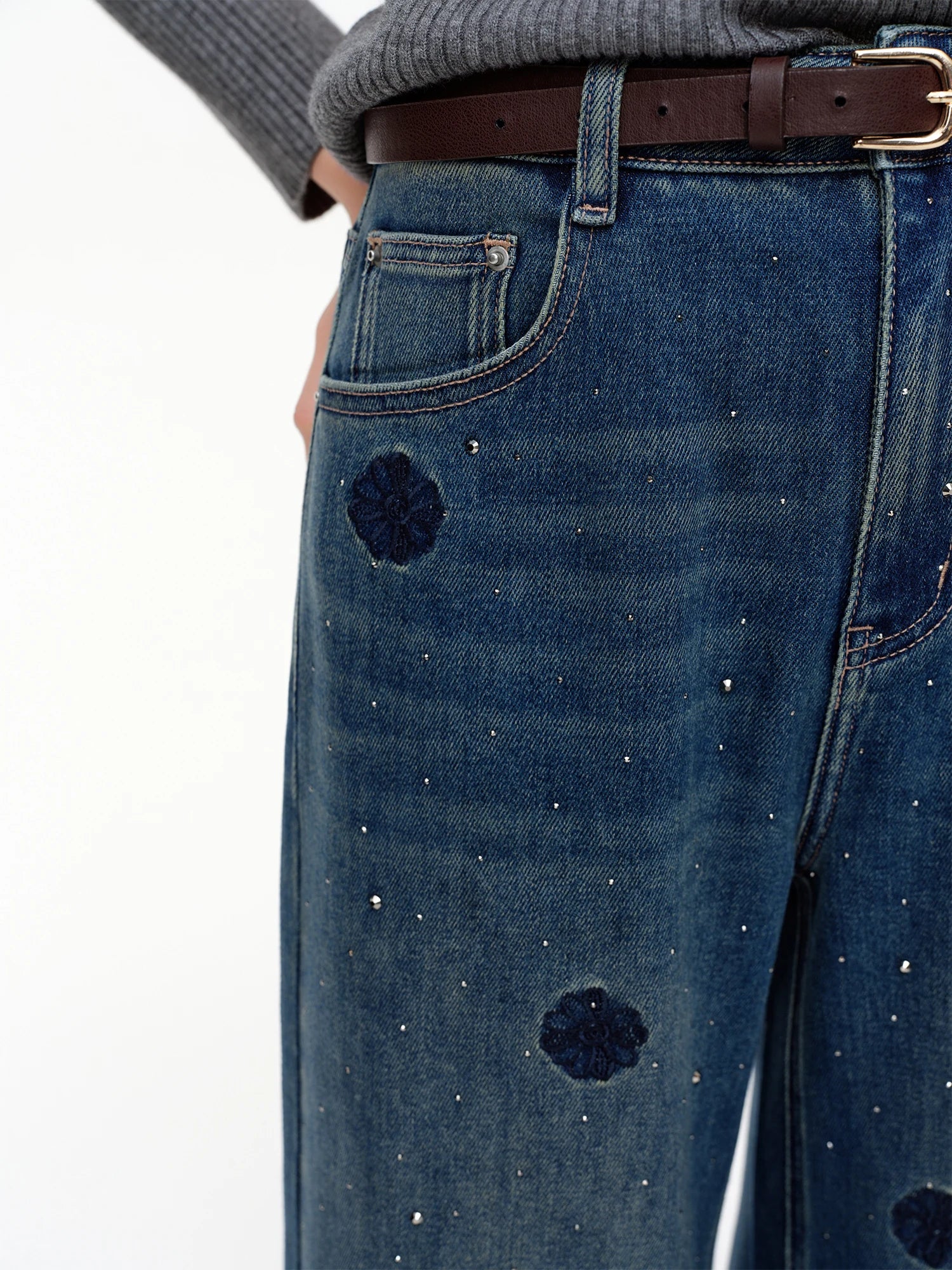 DUSHU 【Crinkle Diamond Denim】Vintage-Style Straight-Leg Jeans 2026 Spring New Arrival Slim-Fit Floor Lenghth Denim Blue Jeans