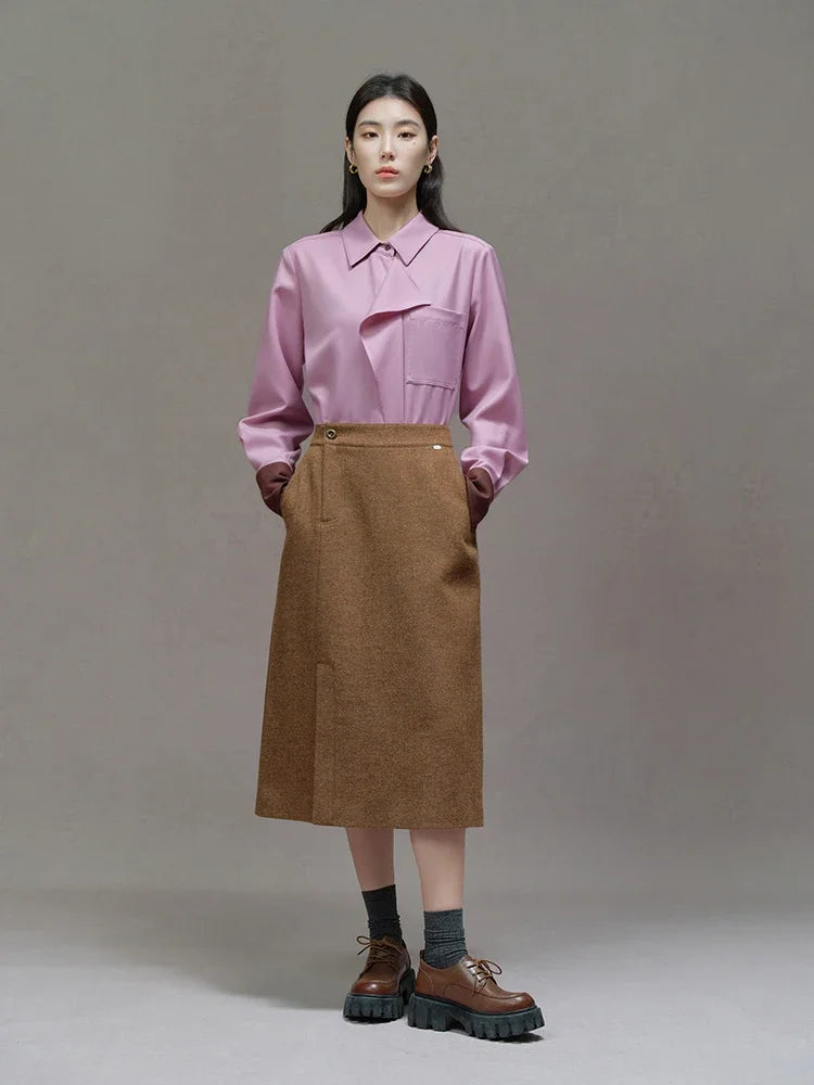 DUSHU 50.2% Wool Pink Temperament Straight Women Winter Blouses Ruffle Edge Design Front Shoulder Shirts Contrasting Cuff Tops