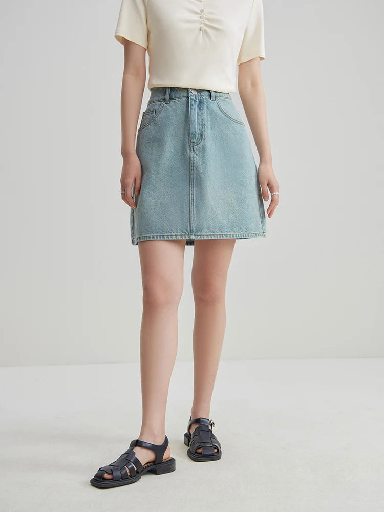 DUSHU Three Colors Simple Style High Waist Denim Skirt for Women Daily All-match 2024 Summer A-Line Skirt Female 24DS82014