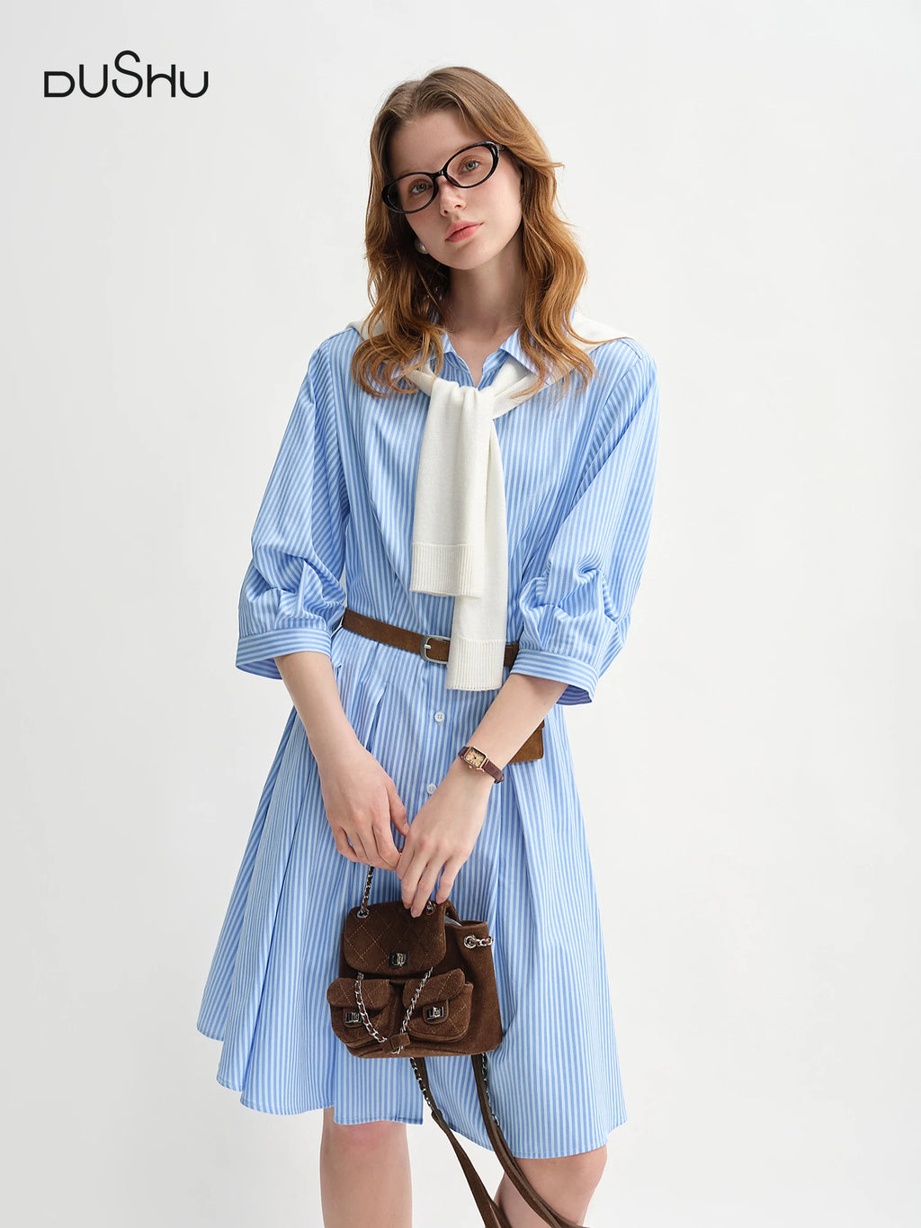 DUSHU Blue and White Striped Design Pleated Three-quarter Sleeve Waist Shirt Dress 2025 Autumn New Products 25DS83170