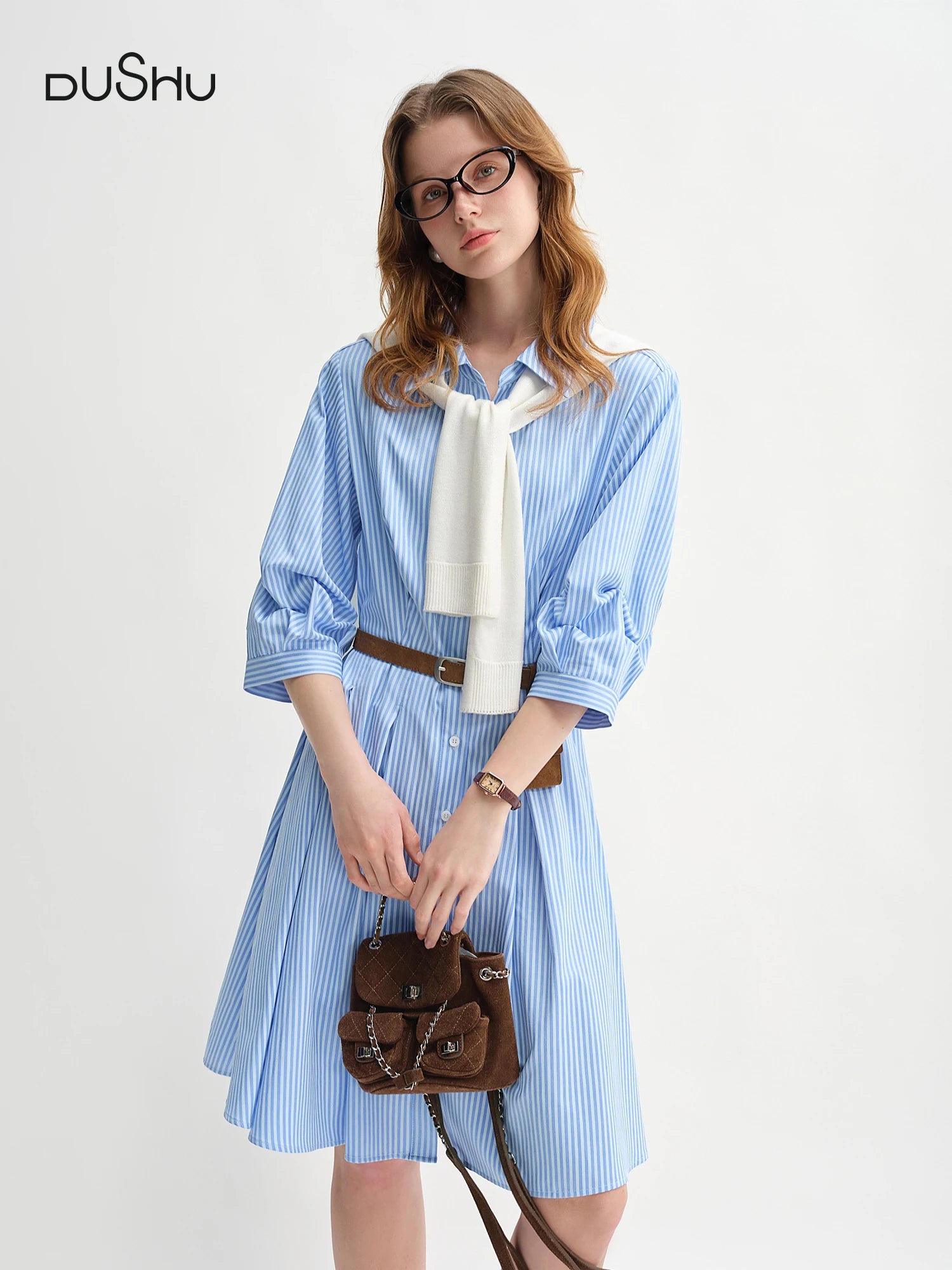 DUSHU Blue and White Striped Design Pleated Three-quarter Sleeve Waist Shirt Dress 2025 Autumn New Products 25DS83170