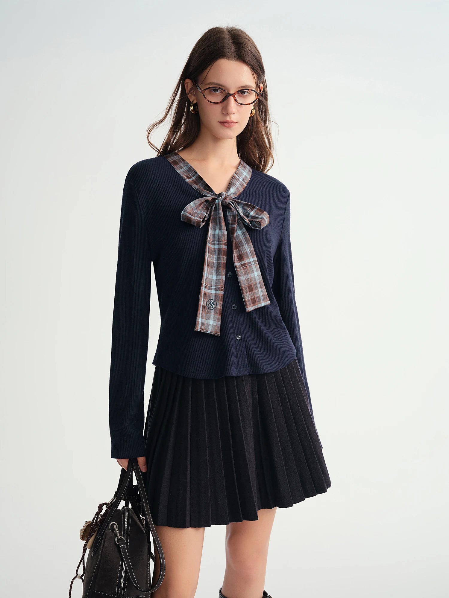 DUSHU Autumn Winter 2025 Women's Plaid Mock Layer Knit Cardigan - Tartan Print Tie Collar Casual Coatigan Versatile Top