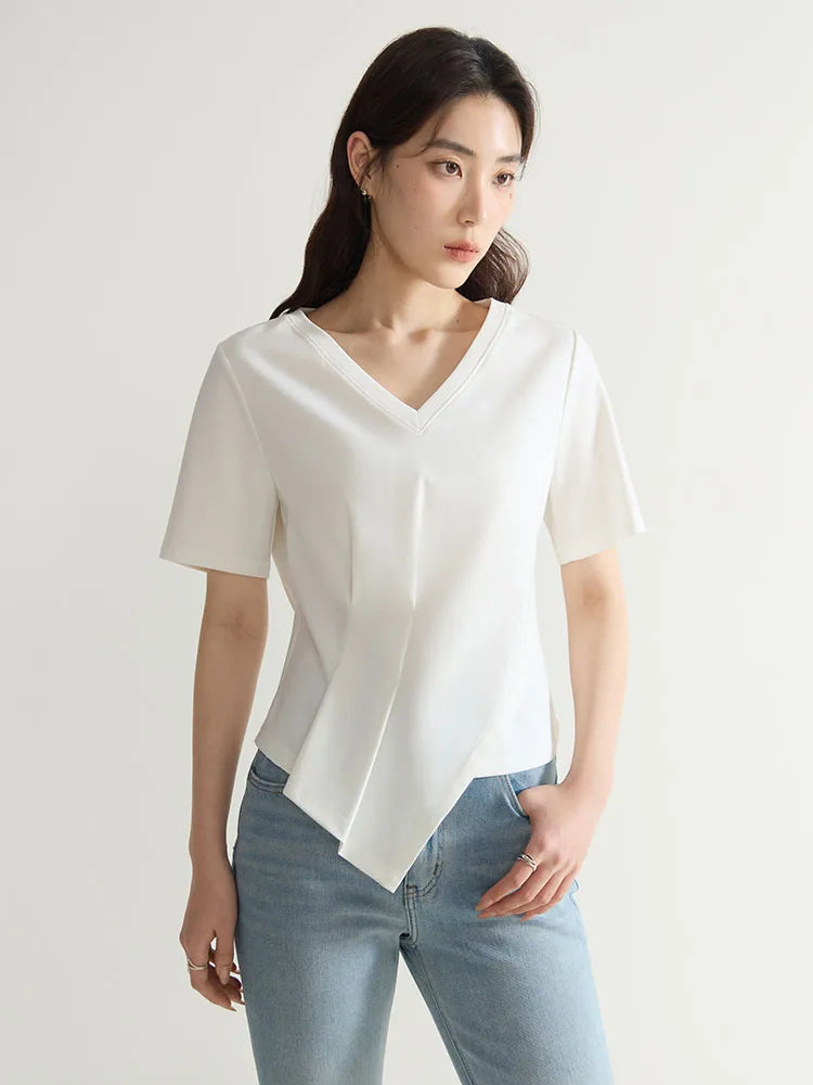 DUSHU 【4 colors】V-Neck Women Cotton Black Short Sleeve Tees Round Neck Front Shoulder White Pleated T-Shirts 24DS82342+24DS82496