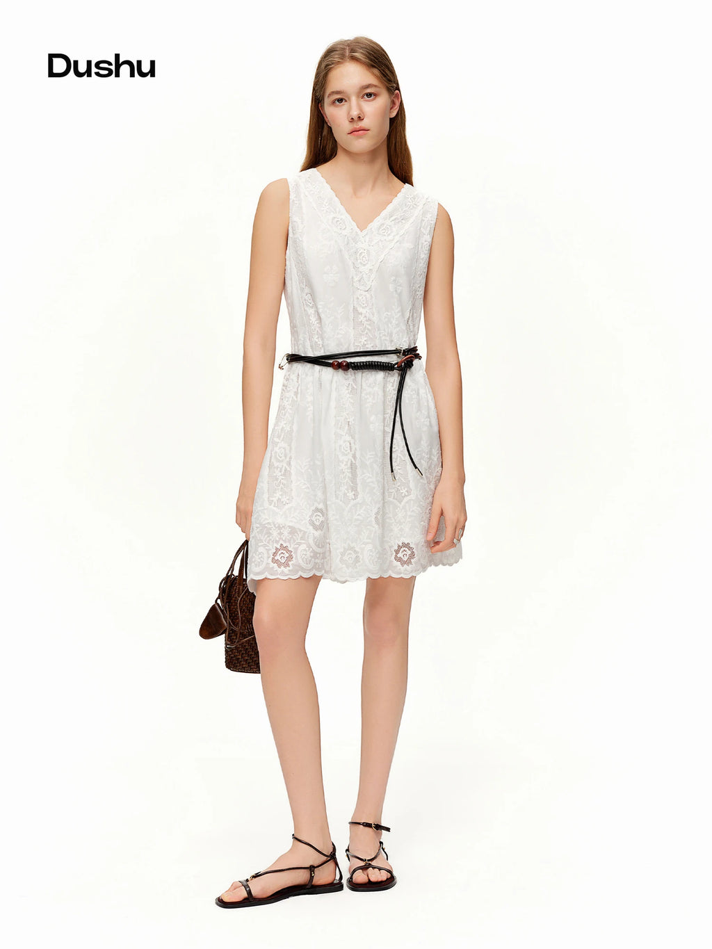 DUSHU Spring Women's Lace V-Neck Camisole Dress - Slim Fit A-Line Sleeveless Elegant Mini Dress for Casual Daily Wear