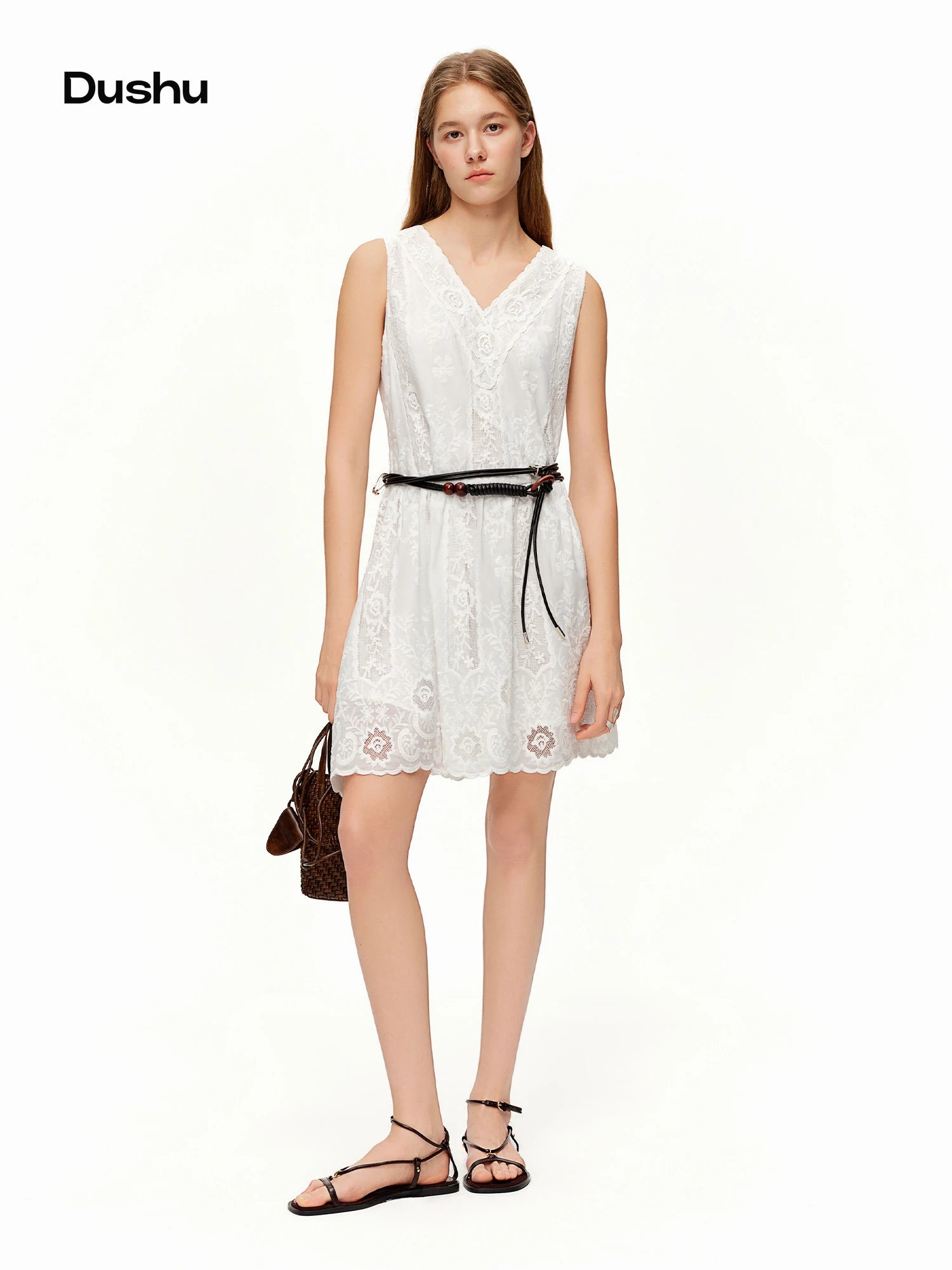 DUSHU Spring Women's Lace V-Neck Camisole Dress - Slim Fit A-Line Sleeveless Elegant Mini Dress for Casual Daily Wear