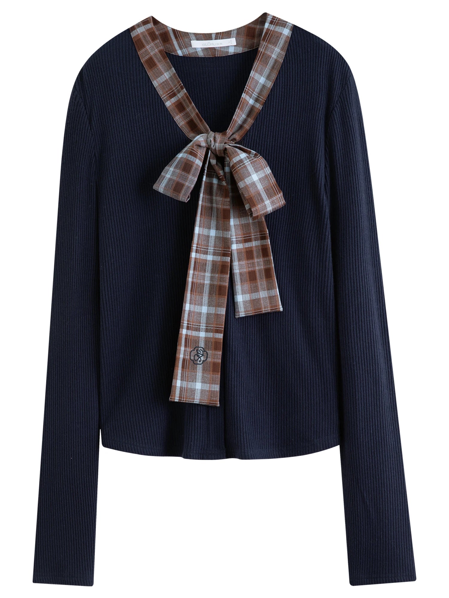 DUSHU Autumn Winter 2025 Women's Plaid Mock Layer Knit Cardigan - Tartan Print Tie Collar Casual Coatigan Versatile Top