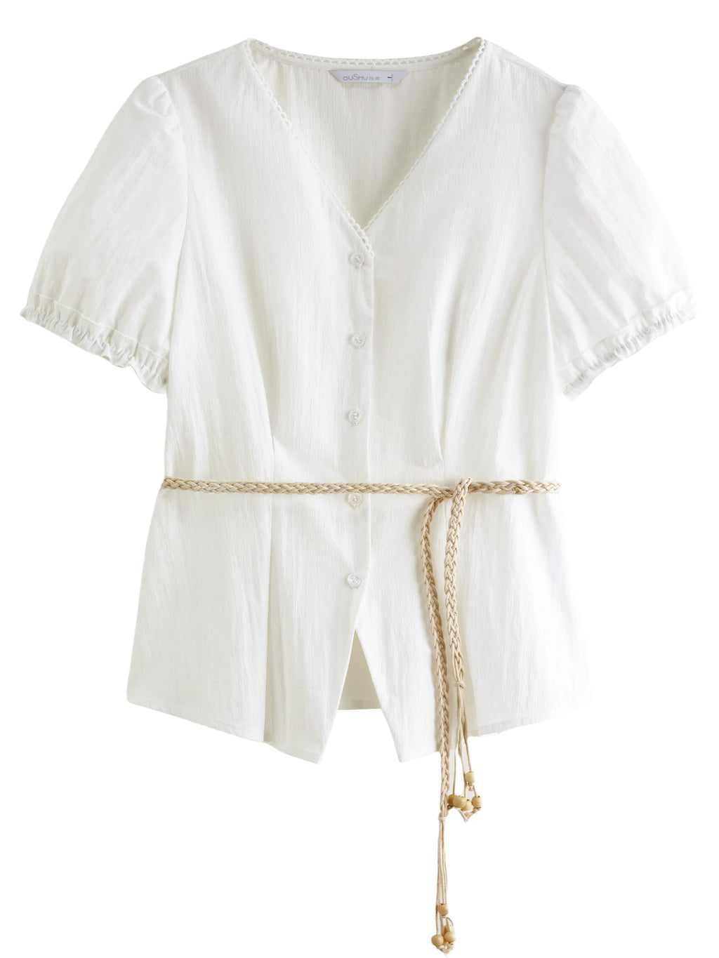 DUSHU Summer 2025 Women's V-Neck Blouse - Textured Pleats Accented Waist Relaxed Fit Resort Top