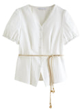DUSHU Summer 2025 Women's V-Neck Blouse - Textured Pleats Accented Waist Relaxed Fit Resort Top