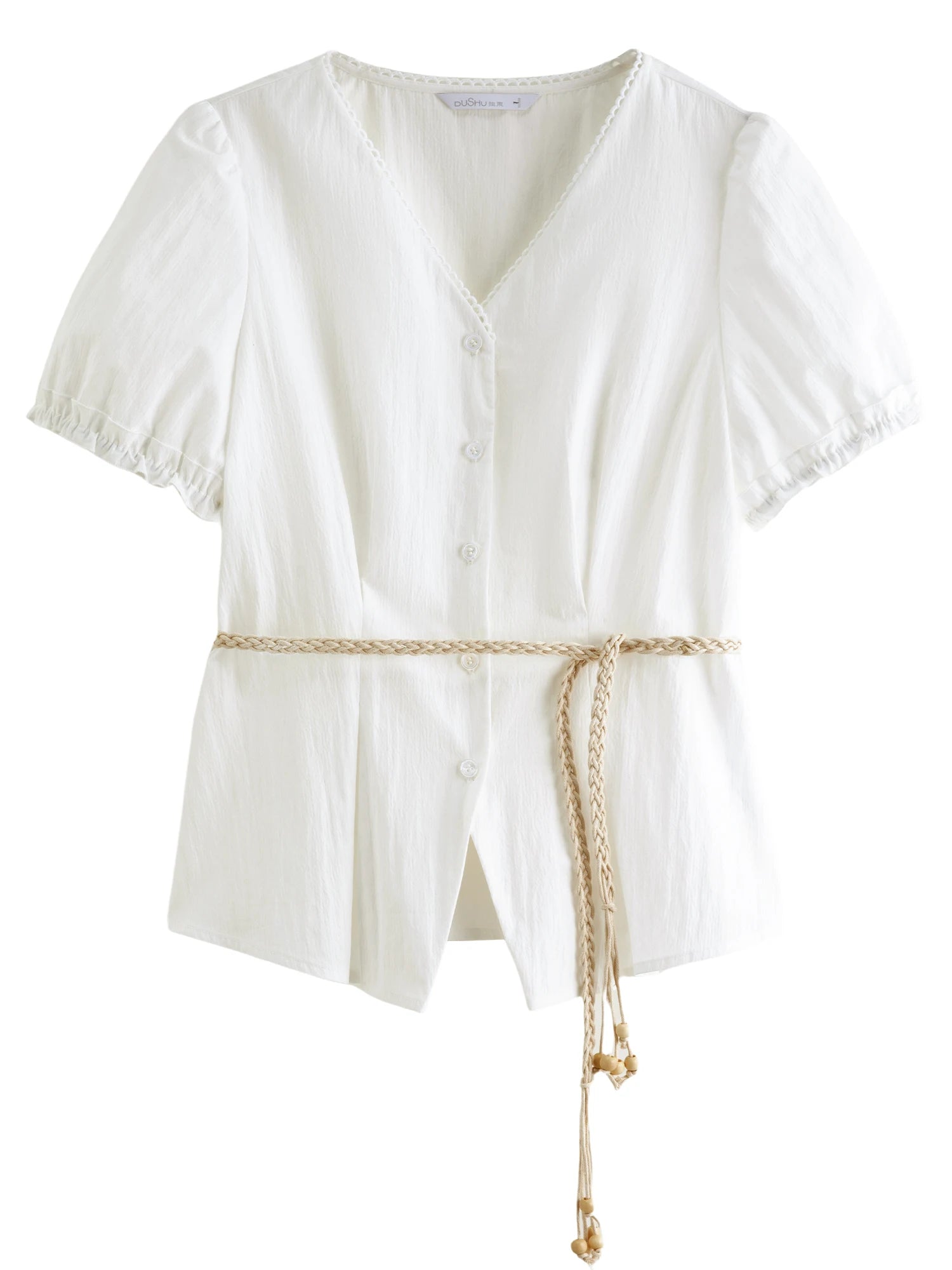 DUSHU Summer 2025 Women's V-Neck Blouse - Textured Pleats Accented Waist Relaxed Fit Resort Top