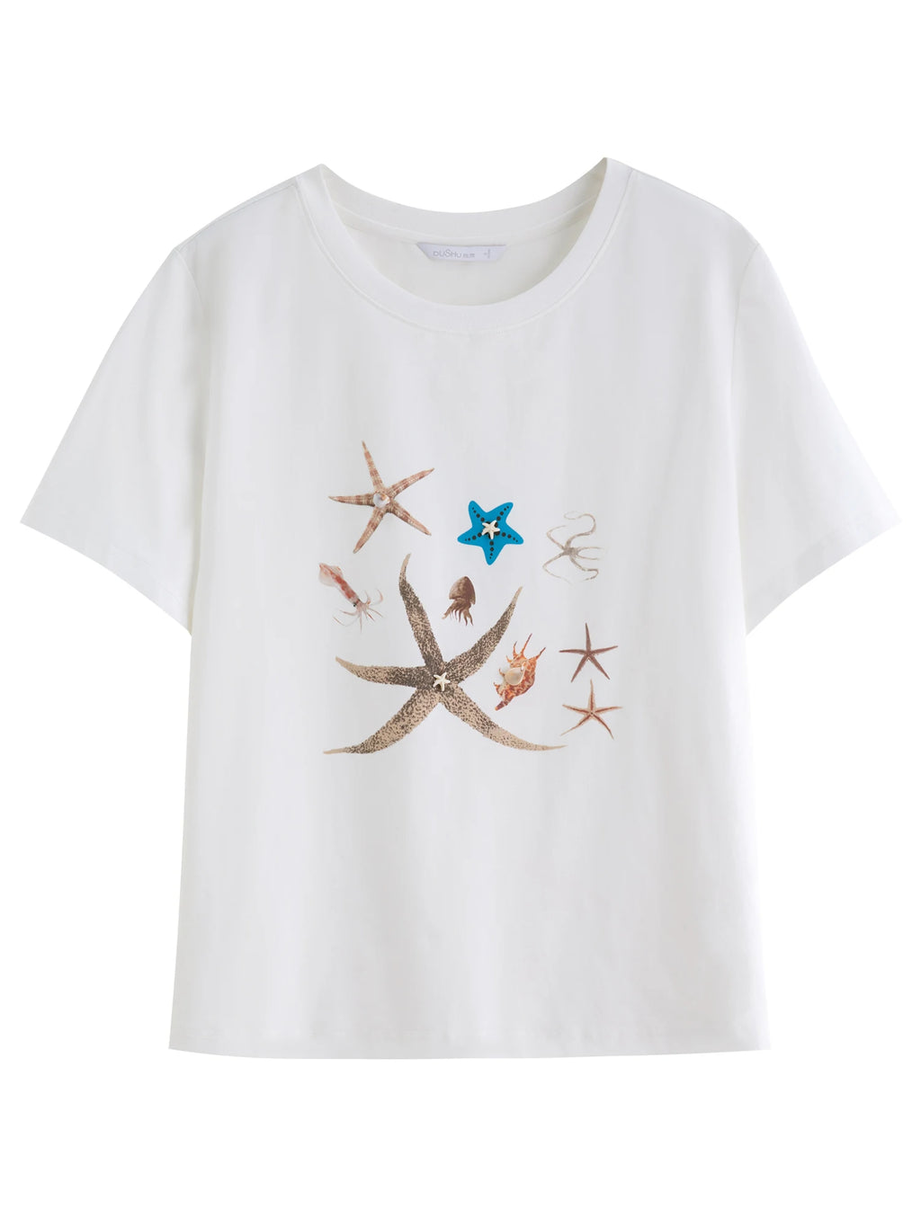 DUSHU Women Marine Element Printed Shell Decorated T-shirt 2025 New Arrival Fashion Versatile Slim Casual Top 25DS82912