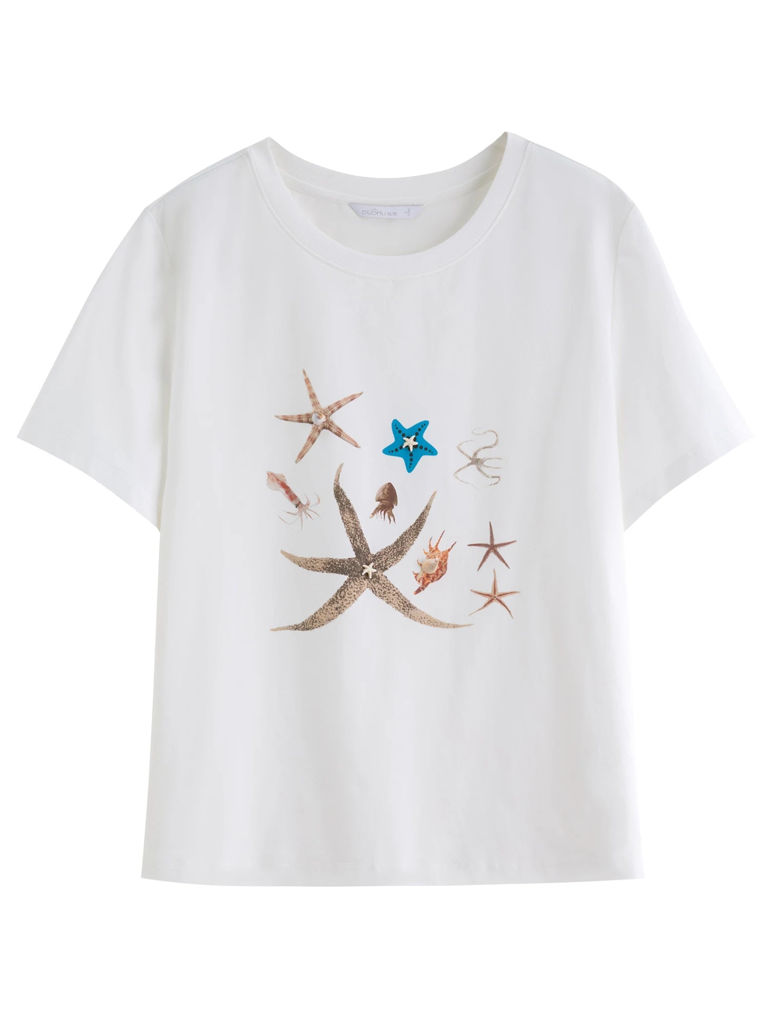 DUSHU Women Marine Element Printed Shell Decorated T-shirt 2025 New Arrival Fashion Versatile Slim Casual Top 25DS82912