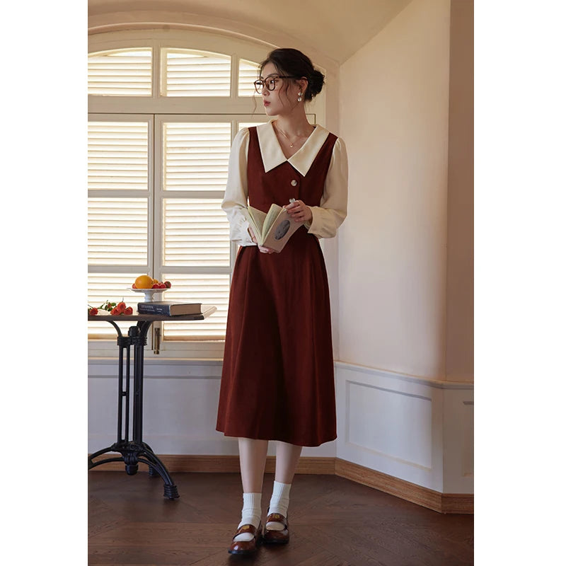 DUSHU Color Contrast Fake Two Pieces Vintage Dress For Women Autumn Winter 2022 Deep Red Black Women Solid Casual Dress