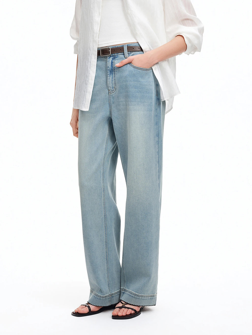 DUSHU Light Blue Double-leg Straight-leg Flared Pants Simple Pants Spring/summer Denim Wide-leg Pants Simple Classic