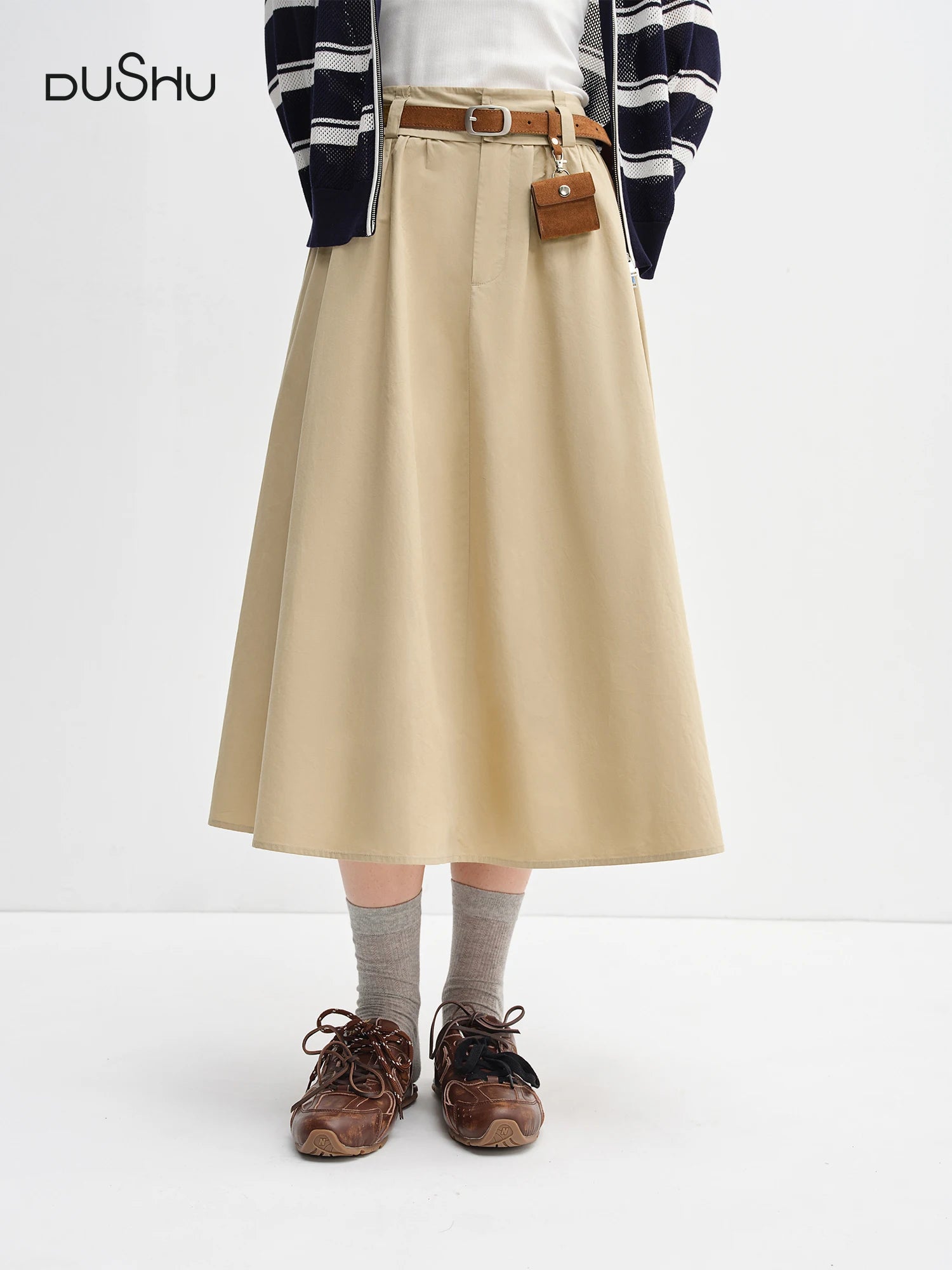 DUSHU Women's Wide Waist High Waist A-line Skirt 2025 Autumn New Arrival Casual Workwear Style Skirt for Women 25DS83134