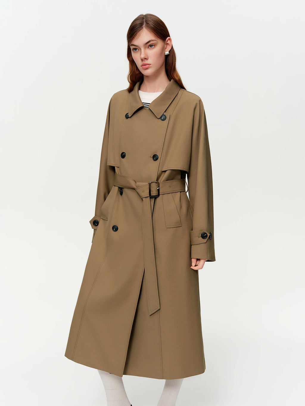 DUSHU Classic Khaki Double Breasted Long Trench Coat - Spring Oversized Lapel Coat with Belted Waist for Casual and Office Wear