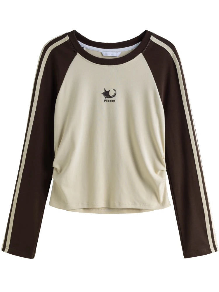 DUSHU Women's American Retro Versatile Women T-shirt 2024 Autumn New Round Neck Long Sleeved Casual Women Top 24DS83192