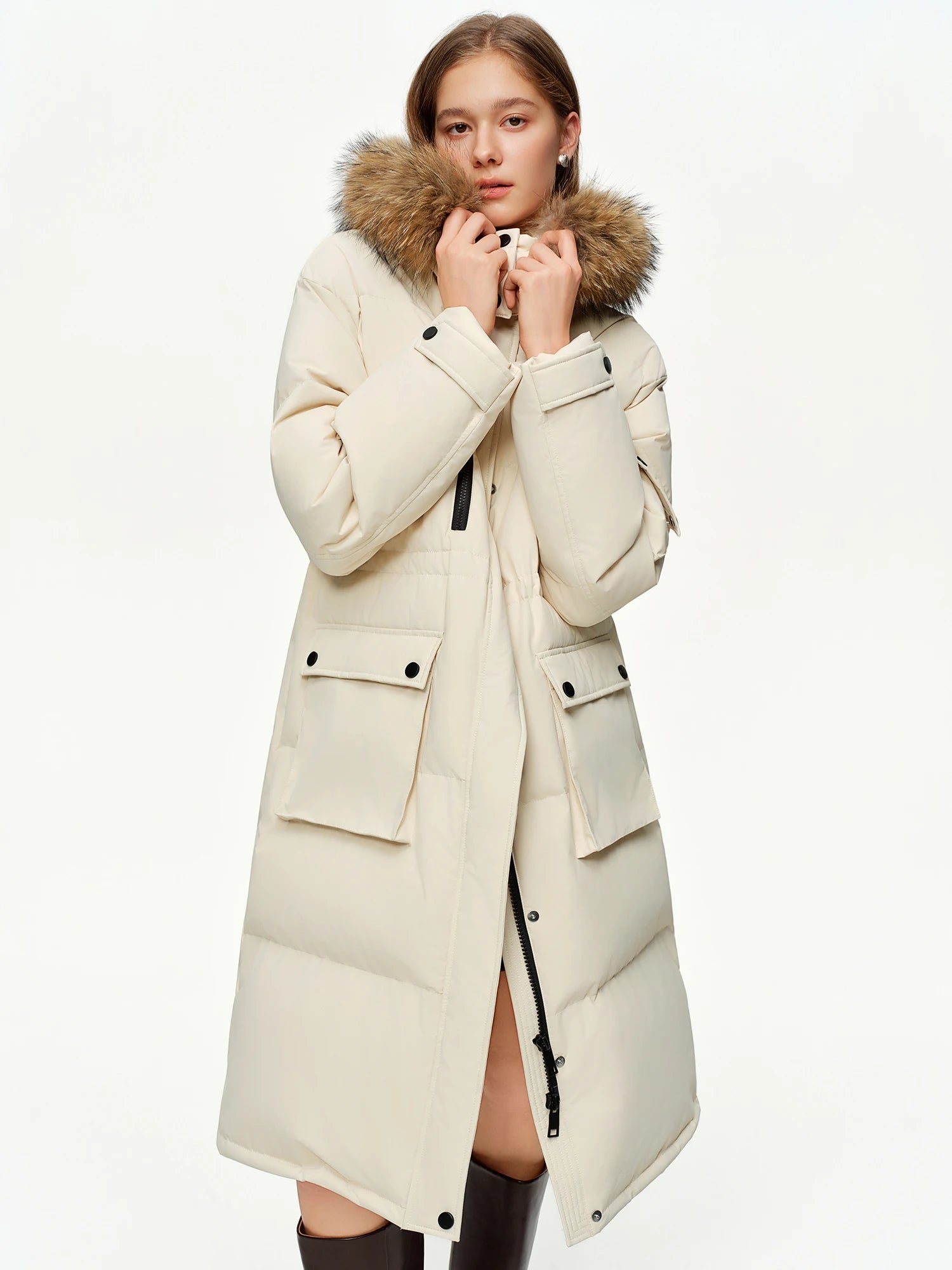 DUSHU Plus-Size Women's Snowfield Stroll Long Down Parka with Raccoon Dog Fur Collar 2025 Winter New Arrival Blue Down Coats