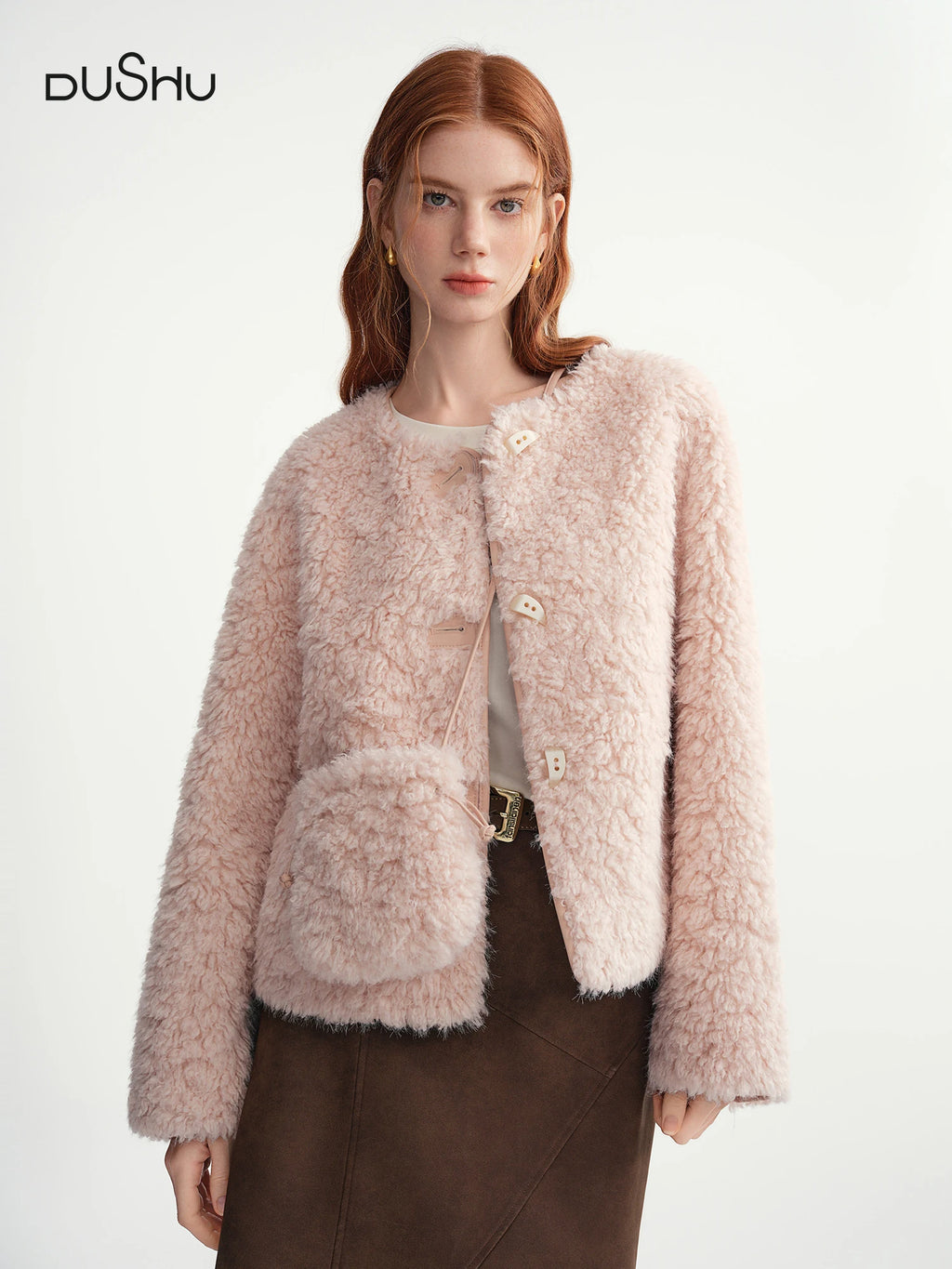 DUSHU 2025 Winter Women's Soft Faux Shearling Short Jacket Eco-Friendly Cropped Coat Vegan Leather Trench Vintage Outerwear