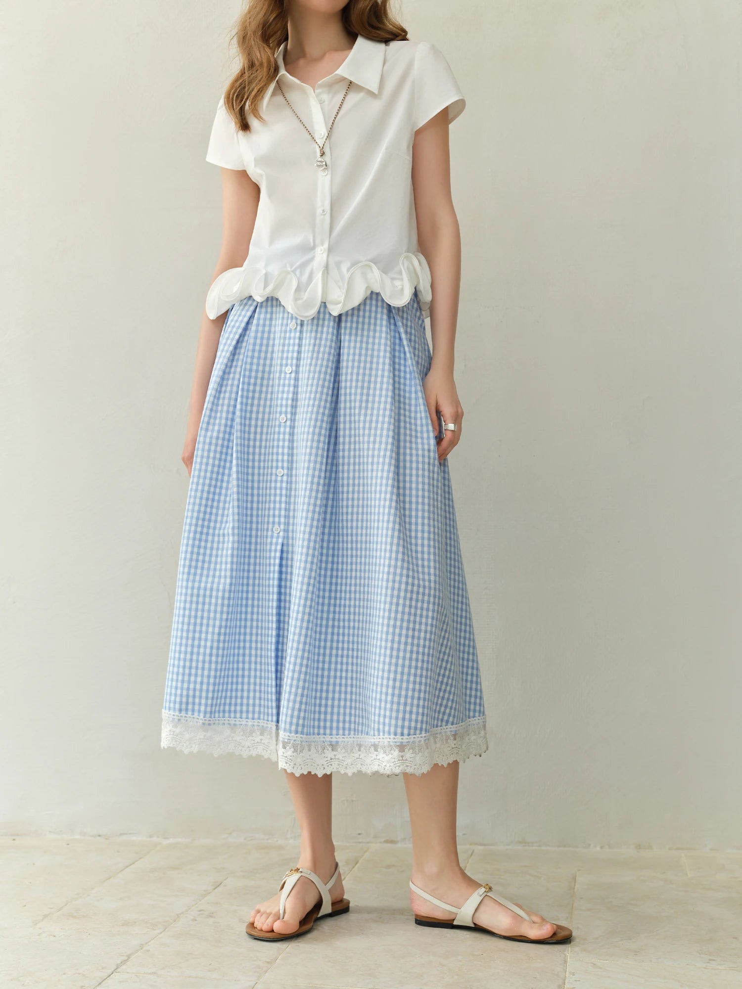 DUSHU Plus-size Blue and White Checkered Skirt - 2025 Summer New Arrival Chic Fashionable and Versatile for Women 25DS82445