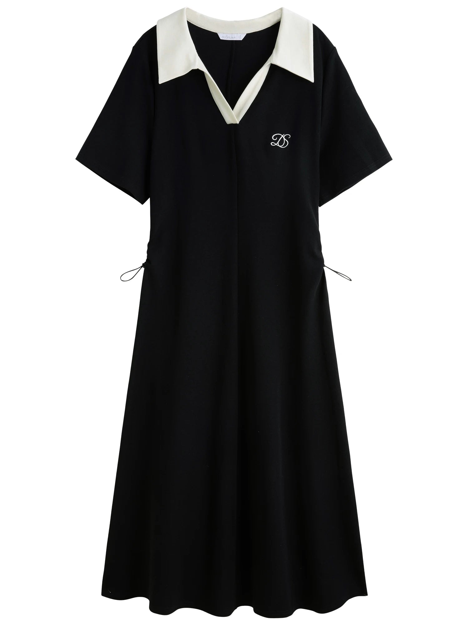 DUSHU 2025 Summer Plus Size Women's Color Block Collar Adjustable Waist Dress - Slimming Black Casual Polo-Inspired Maxi Outfit