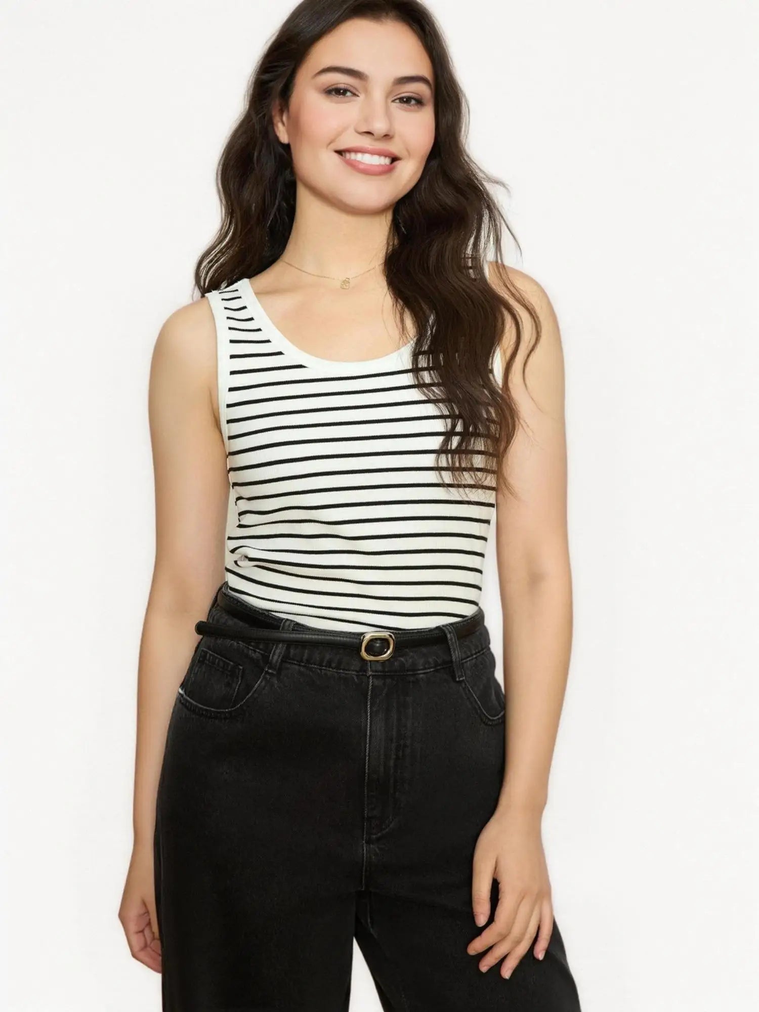 DUSHU Plus Size Women's 2025 New Backless Sleeveless Vest Striped Contrasting Color Slimming Camisole Top 25DS81215