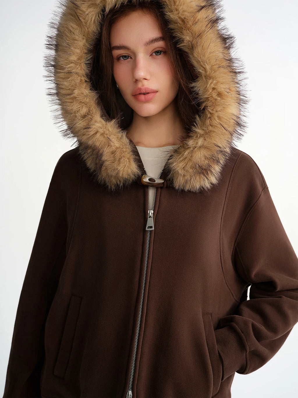DUSHU Plus Women Customizable Silhouette Detachable Large Fur Hooded Sweatshirt Jacket Stylish Winter Autumn Warmth Outerwear