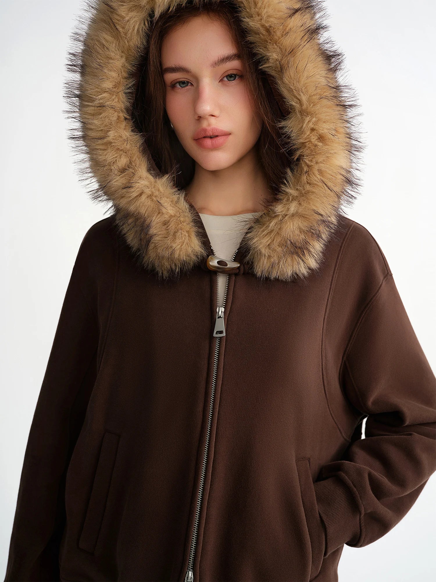 DUSHU Plus Women Customizable Silhouette Detachable Large Fur Hooded Sweatshirt Jacket Stylish Winter Autumn Warmth Outerwear