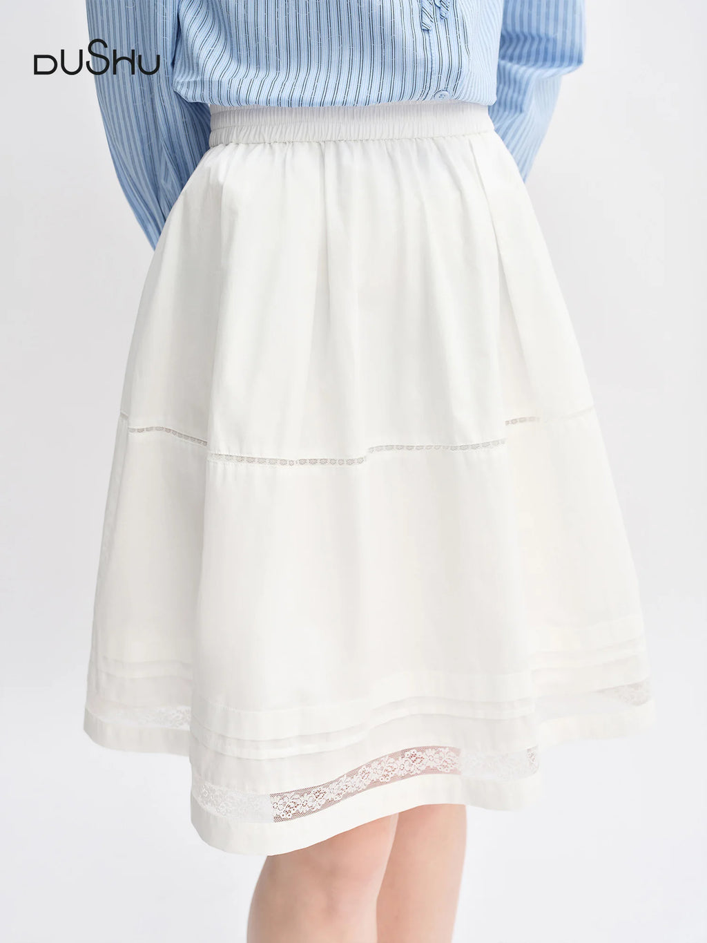DUSHU Plus-Size Women's Sweet Ballet-Inspired Multi-Layered Gathered Lace Hem Skirt - 2025 Autumn New Arrival 25DS83272