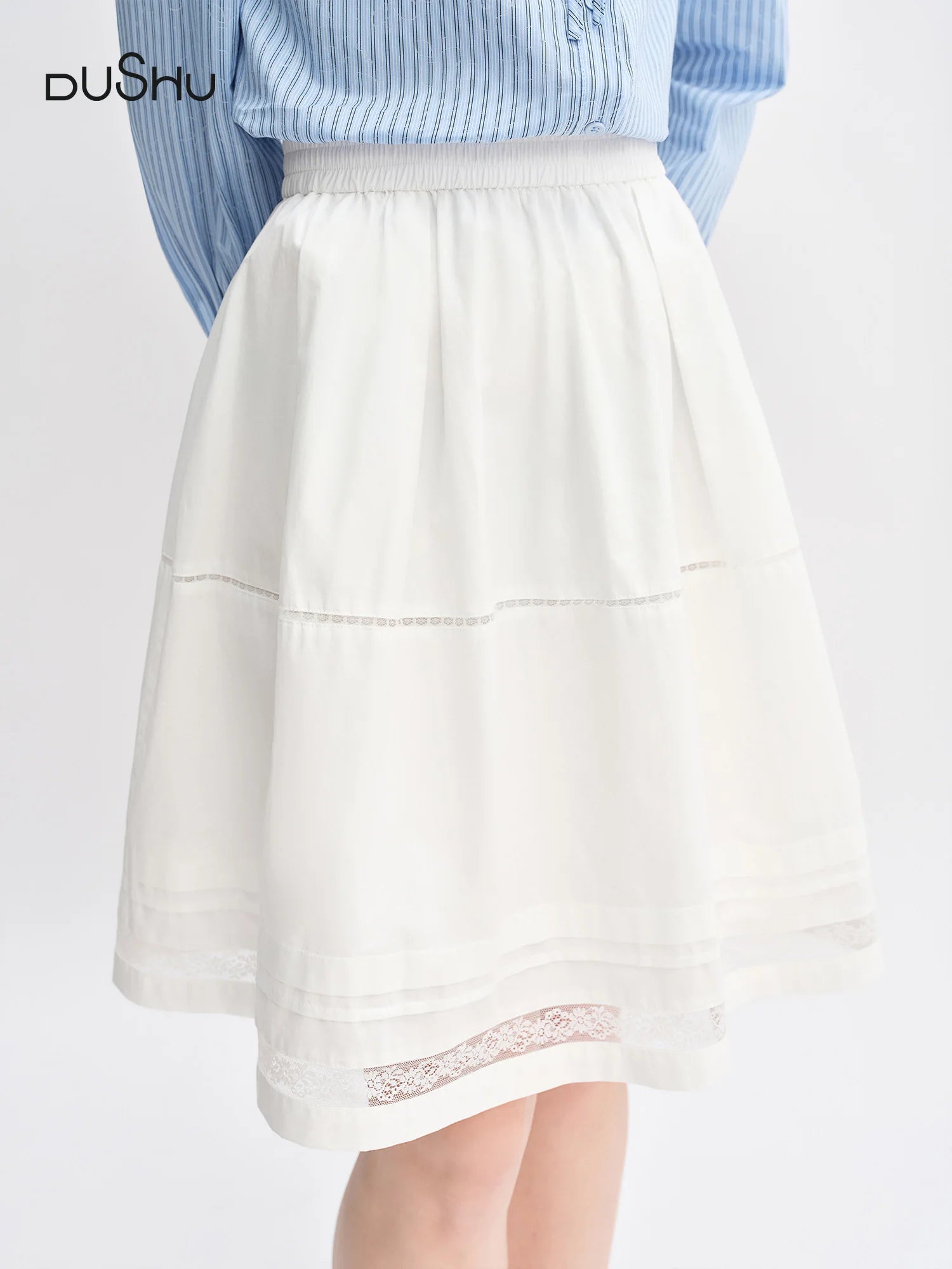 DUSHU Plus-Size Women's Sweet Ballet-Inspired Multi-Layered Gathered Lace Hem Skirt - 2025 Autumn New Arrival 25DS83272