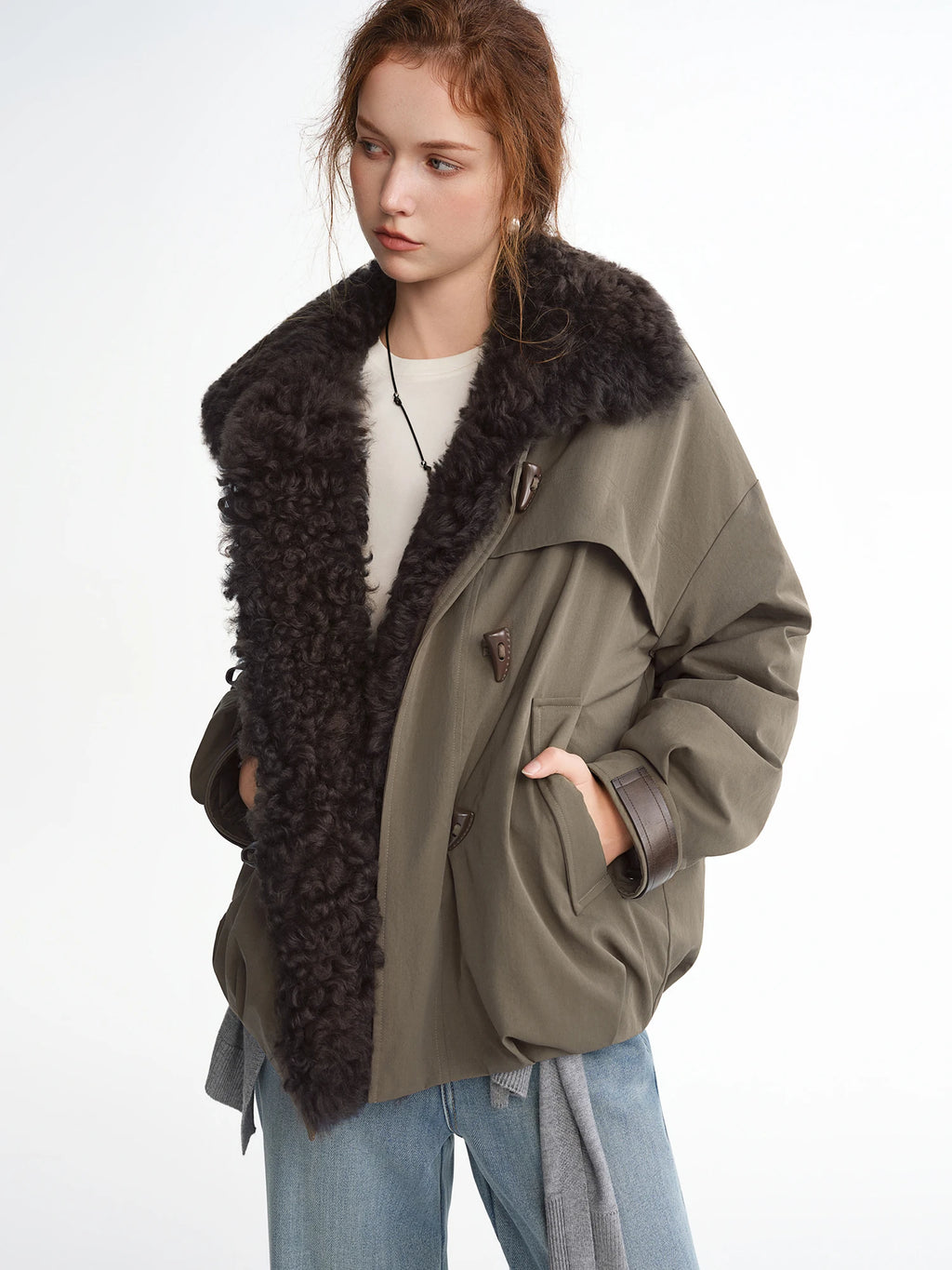 DUSHU【Lovely Christmas】2025 Winter Plus Size Block Faux Shearling Collar Short Puffer Coat Thick Lapel Hooded Cropped Jacket