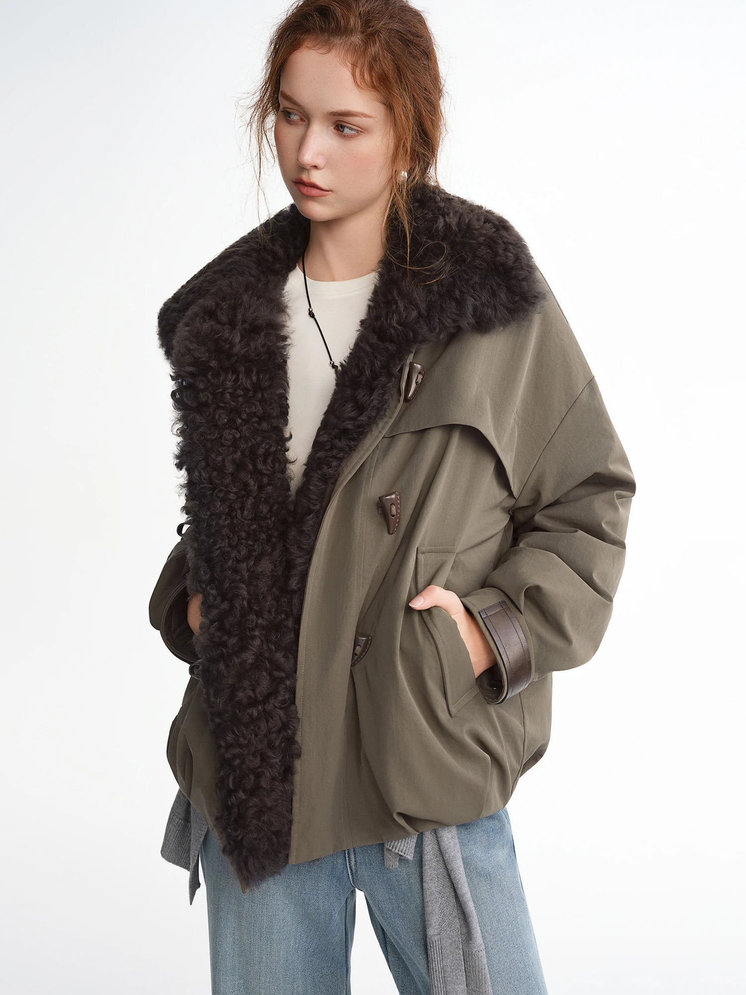 DUSHU【Lovely Christmas】2025 Winter Plus Size Block Faux Shearling Collar Short Puffer Coat Thick Lapel Hooded Cropped Jacket