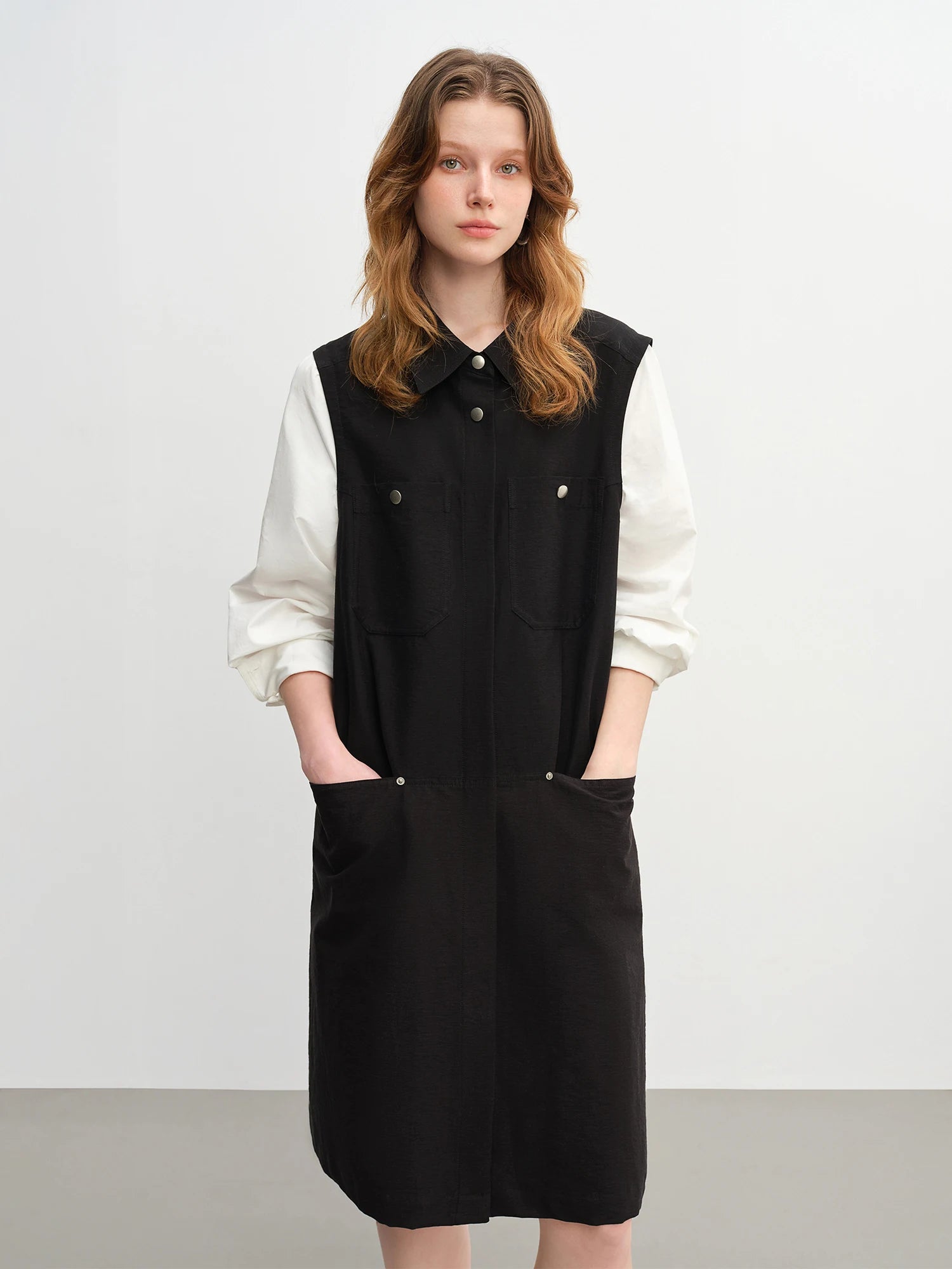 DUSHU Plus-Size Women's Color Block Mock Layer Patchwork Workwear Style Shirt Dress 2025 Autumn Fashion Commuting 25DS83144