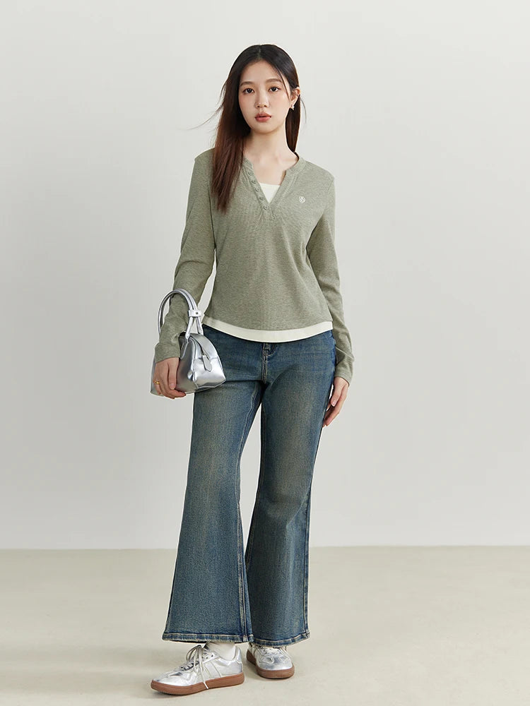 DUSHU Women's Fashion Fake Two Versatile T-shirts Spring 2024 New V-neck Slim Lazy Long sleeved Small Top Casual Loose