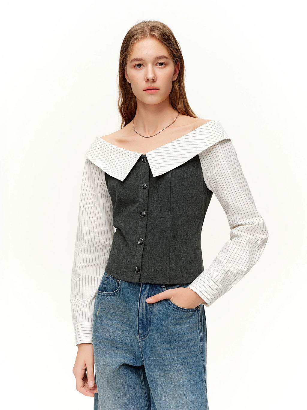 DUSHU 2026 Spring Women's Off-Shoulder Contrast Panel T-Shirt Waist-Defining Seam Ruffle Trim - Fashion Cropped Top for Casual