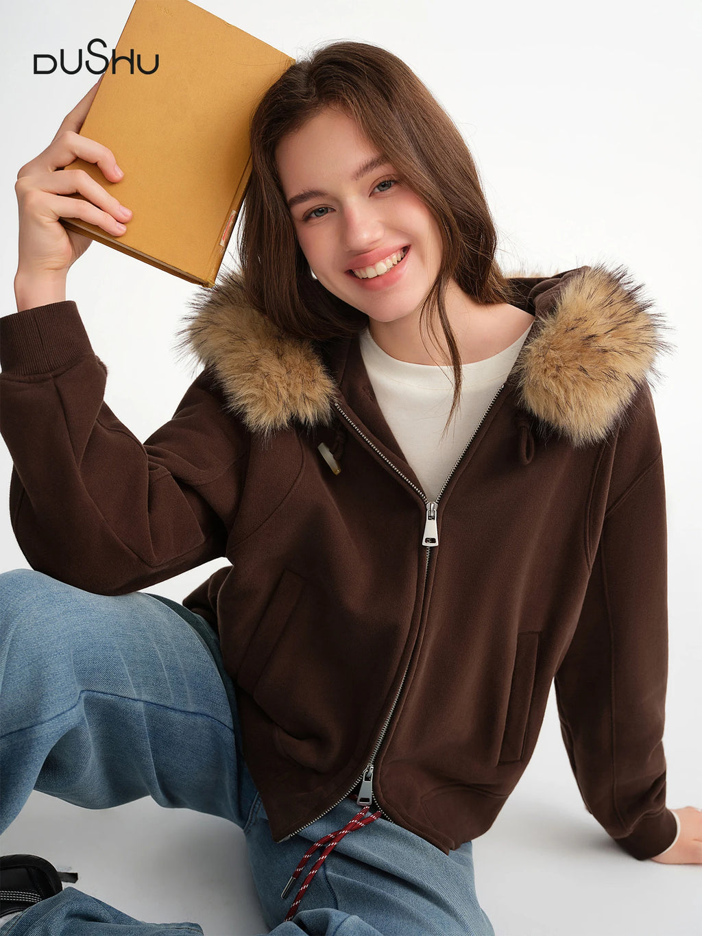 DUSHU Plus Women Customizable Silhouette Detachable Large Fur Hooded Sweatshirt Jacket Stylish Winter Autumn Warmth Outerwear