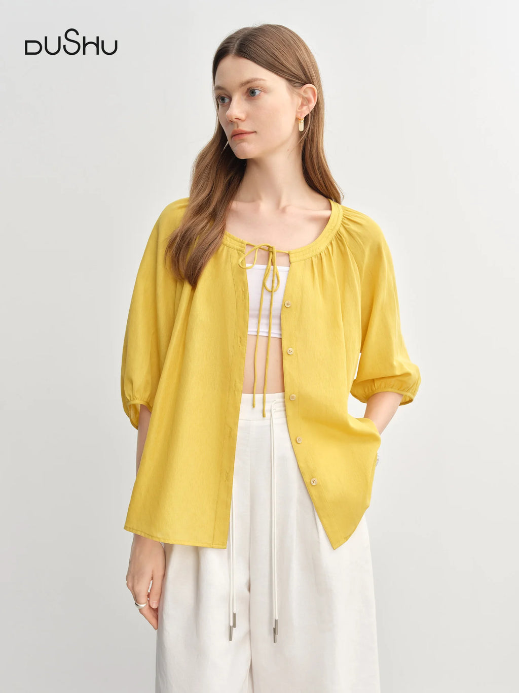 DUSHU Sweet Tie-neck Half-sleeve Thin Blouse Summer New Product Fat Cover Meat Thin Two-wear Top 25DS82917