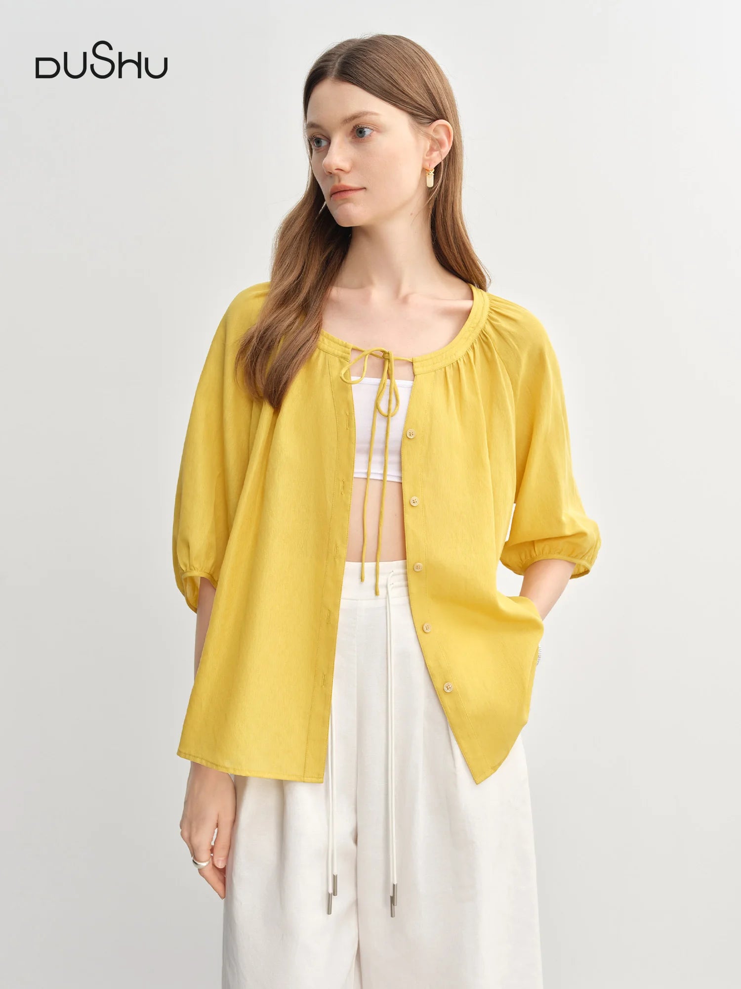 DUSHU Sweet Tie-neck Half-sleeve Thin Blouse Summer New Product Fat Cover Meat Thin Two-wear Top 25DS82917