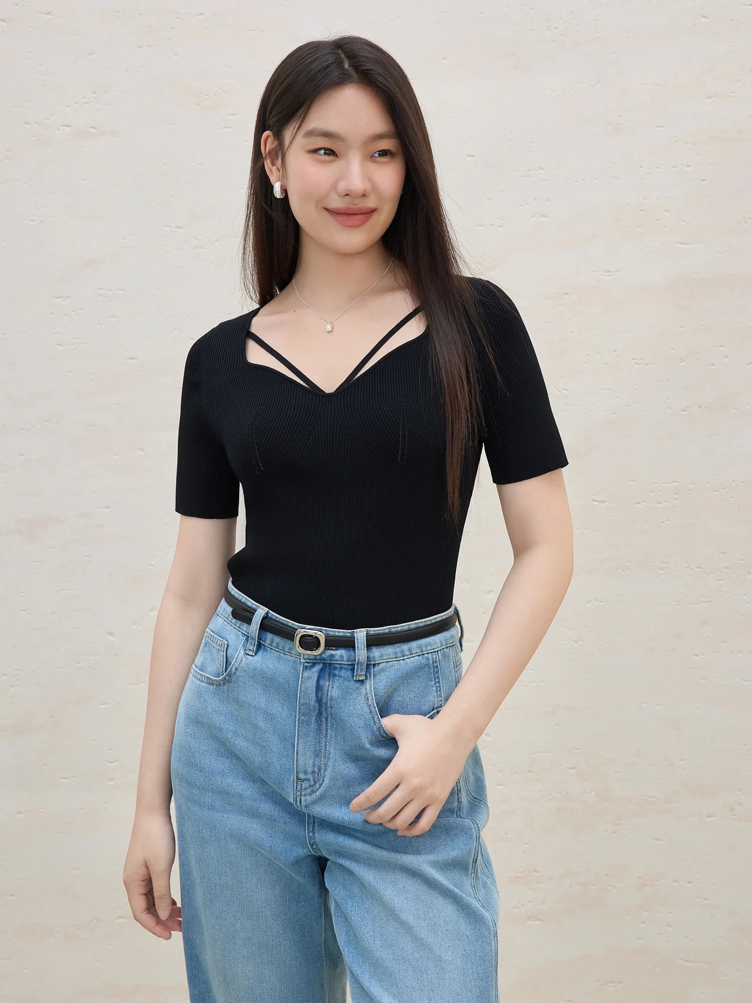DUSHU Plus Size Commuting Simple Knitted Short-sleeved T-shirt Women 2025 Summer New Arrival Basic Versatile Tops 25DS82042