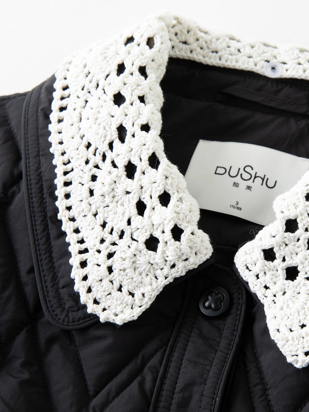 DUSHU Plus Size Women's Cream Quilted Down Coat with Crochet Lace Collar Winter 2025 Fashion Warm Short Puffer Jacket Outerwear