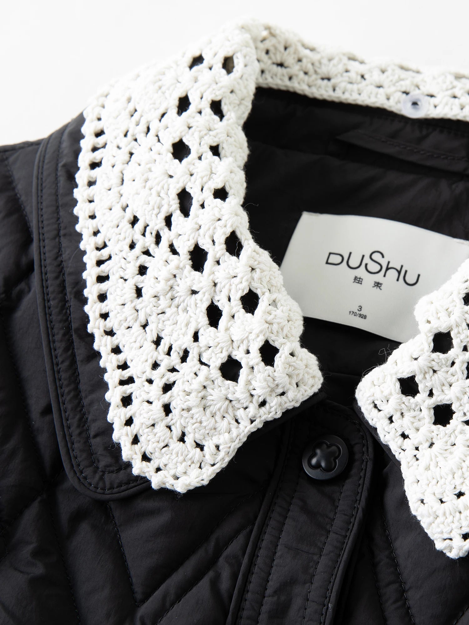DUSHU Plus Size Women's Cream Quilted Down Coat with Crochet Lace Collar Winter 2025 Fashion Warm Short Puffer Jacket Outerwear