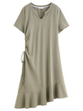 DUSHU 2025 Summer Women's V-Neck Drawstring Waist Dress - Elegant Casual Flowy A-Line Midi Length