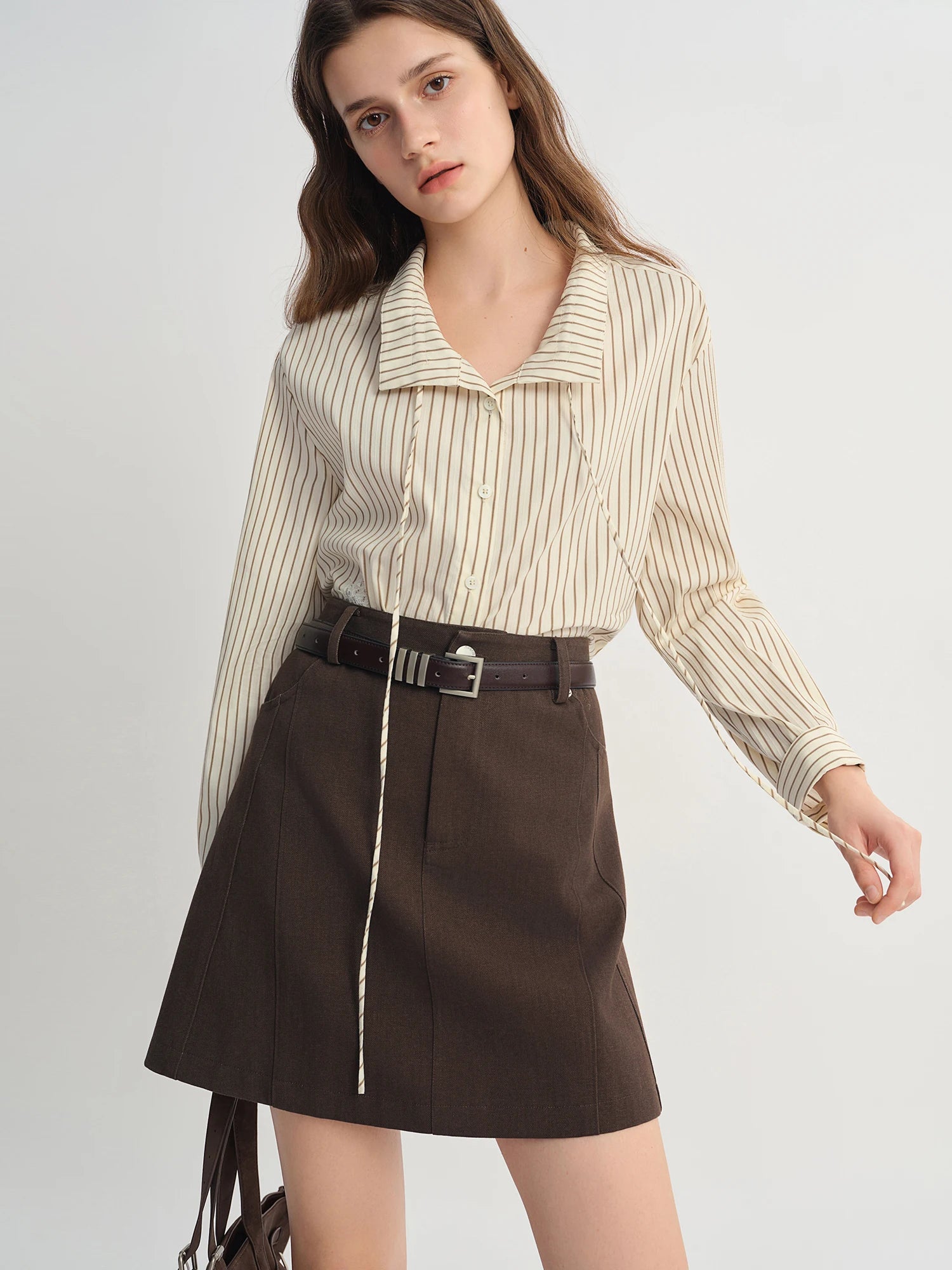 DUSHU Plus Size Women's French Style Long-sleeved Ribbon Shirt 2025 Autumn New Arrival Striped Shirt Lace Patch Design Chic Top
