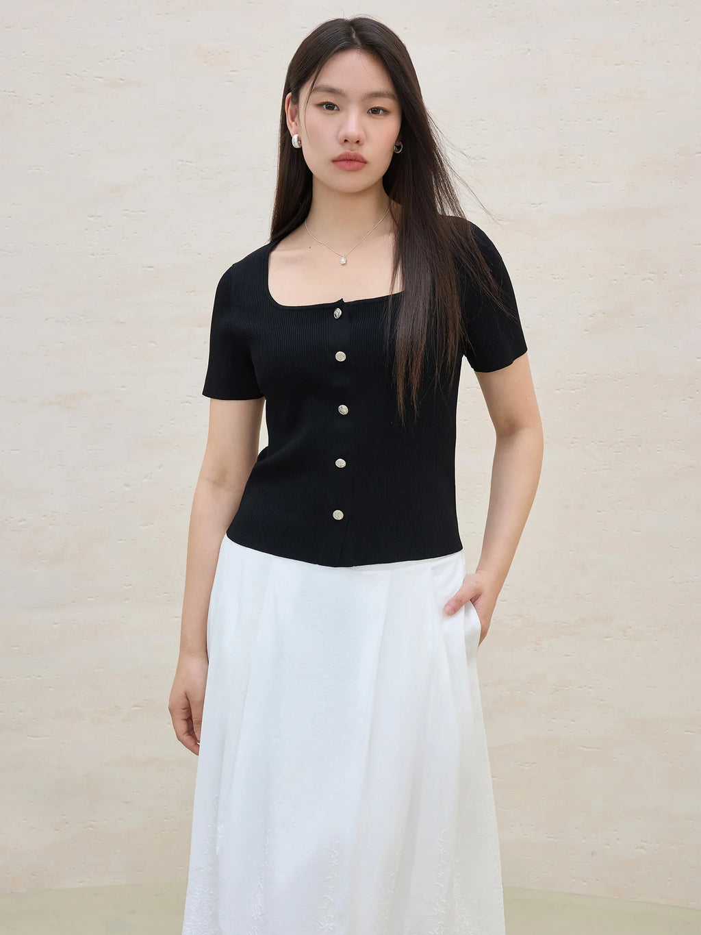 DUSHU Commuting Temperament Knitted Short-sleeved Women 2025 Summer New Style Skin-friendly Comfortable Versatile Tops 25DS82040